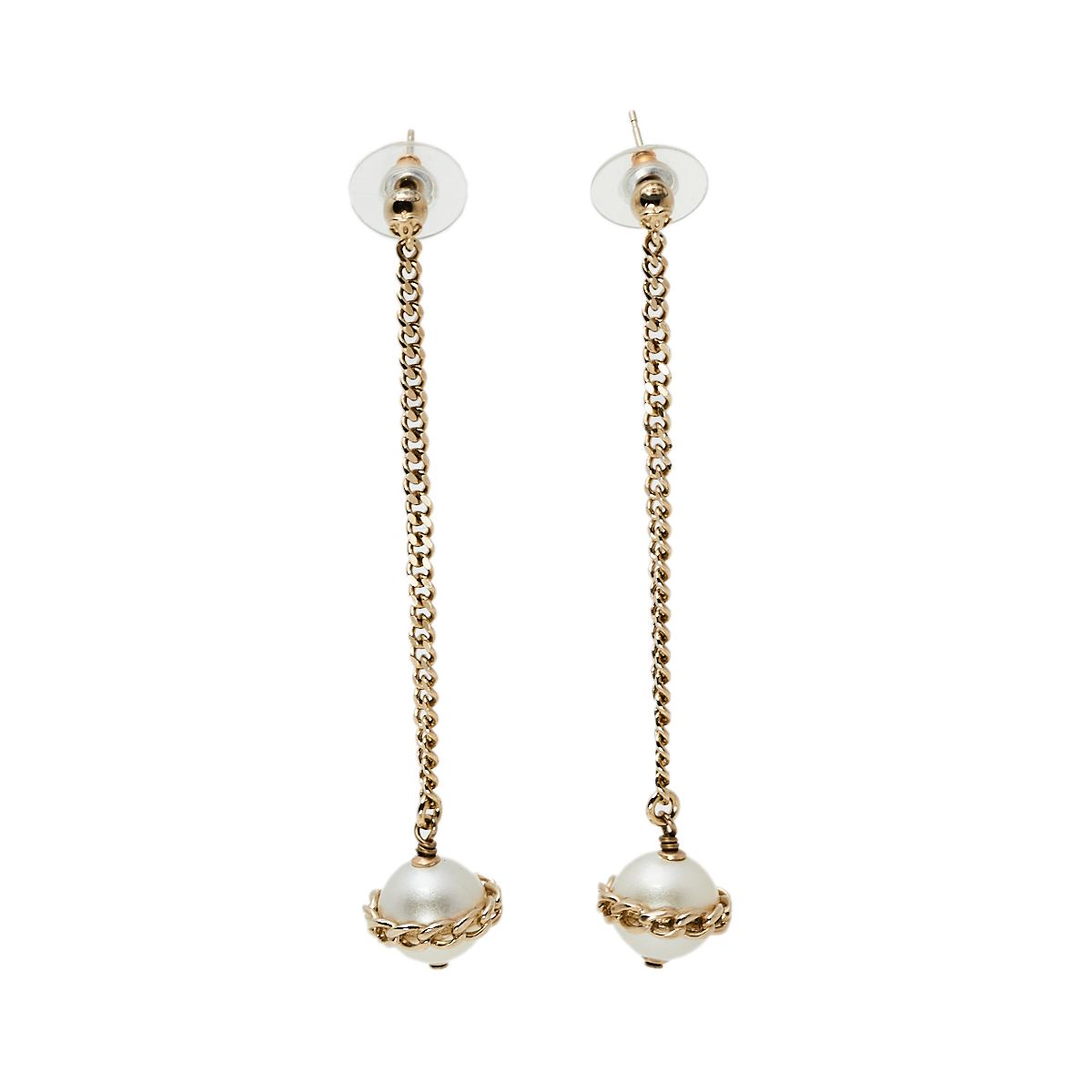 Chanel CC Star Faux Pearl Gold Tone Drop Earrings