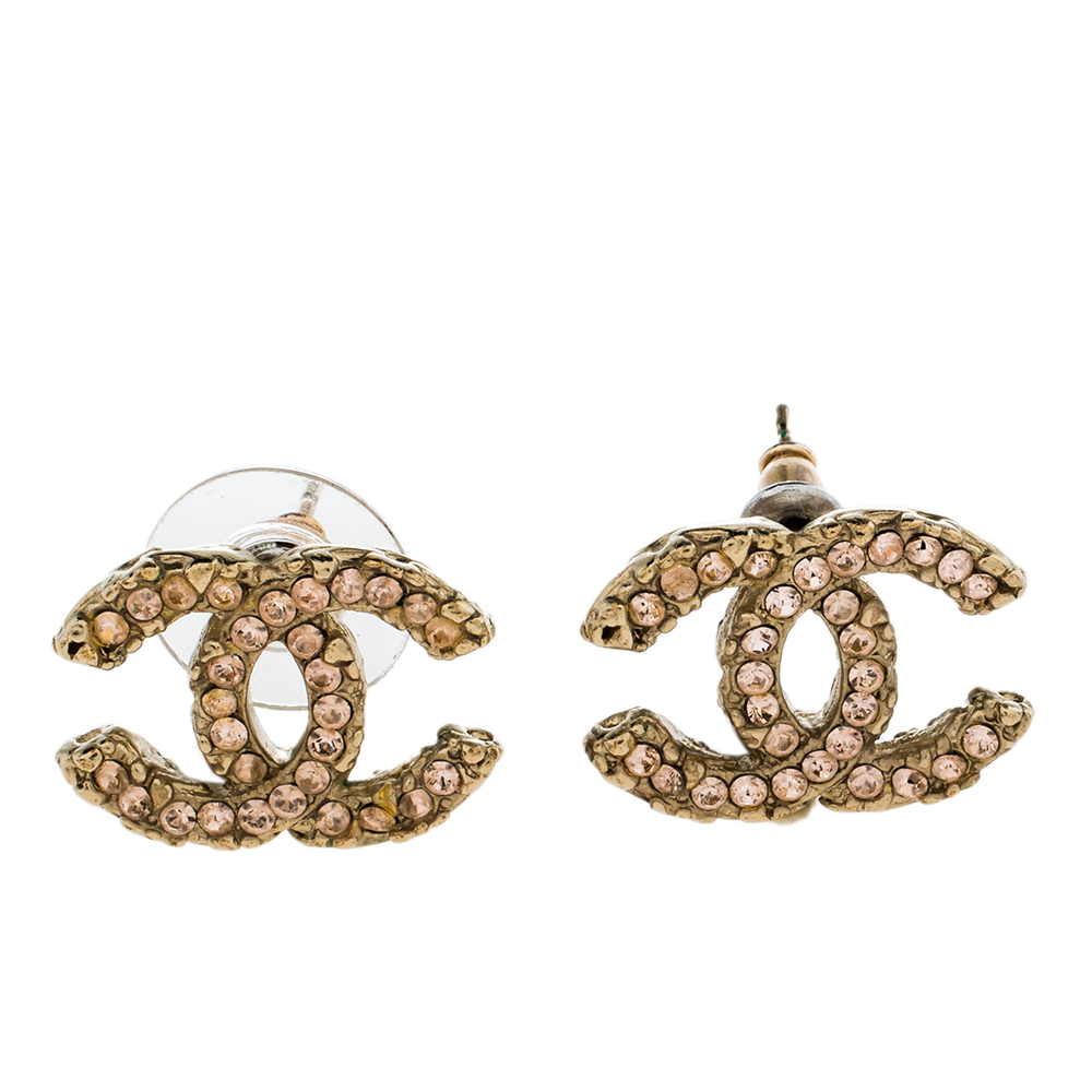 Chanel CC Pink Crystal Gold Tone Stud Earrings