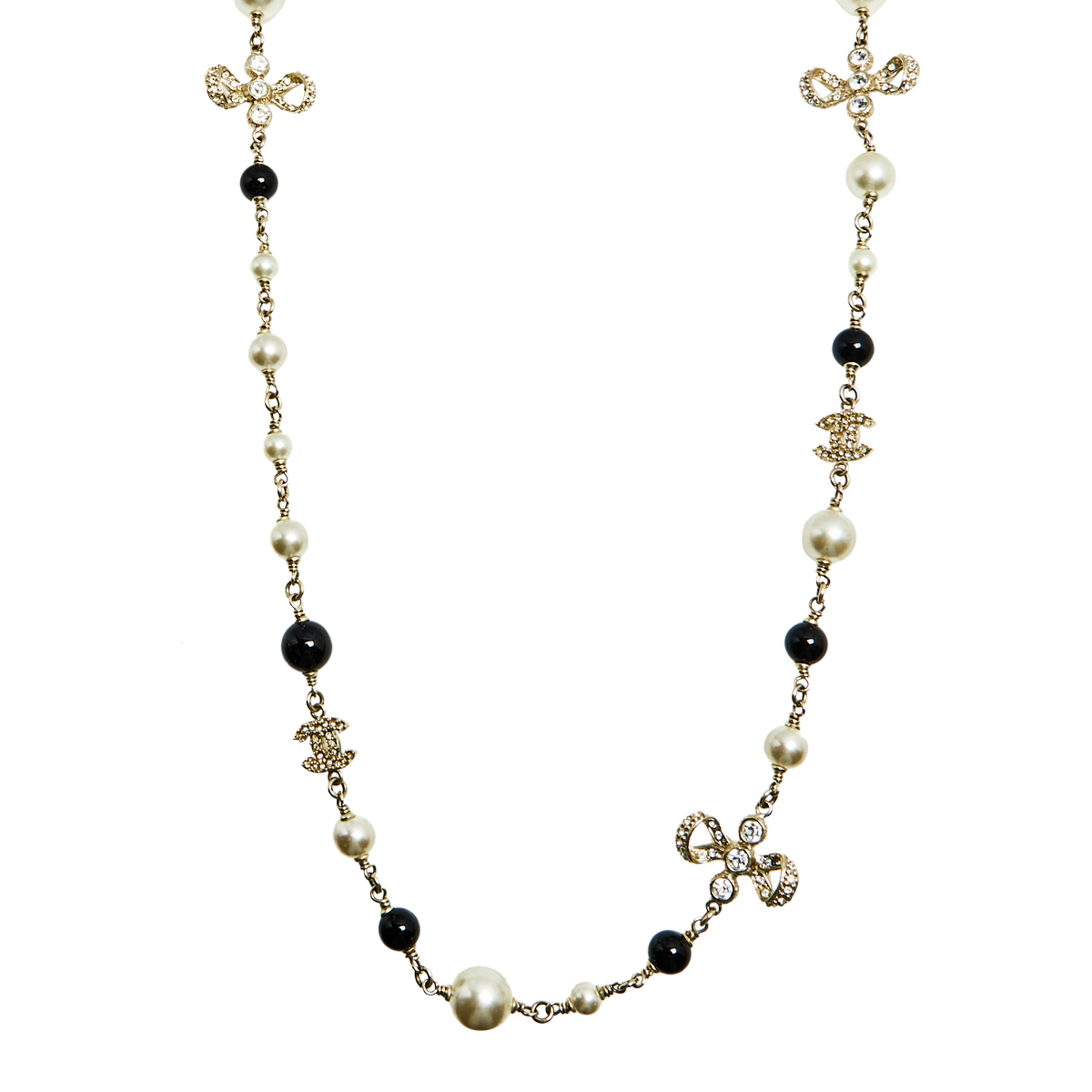 Chanel CC Faux Pearl Beads Gold Tone Metal Long Necklace
