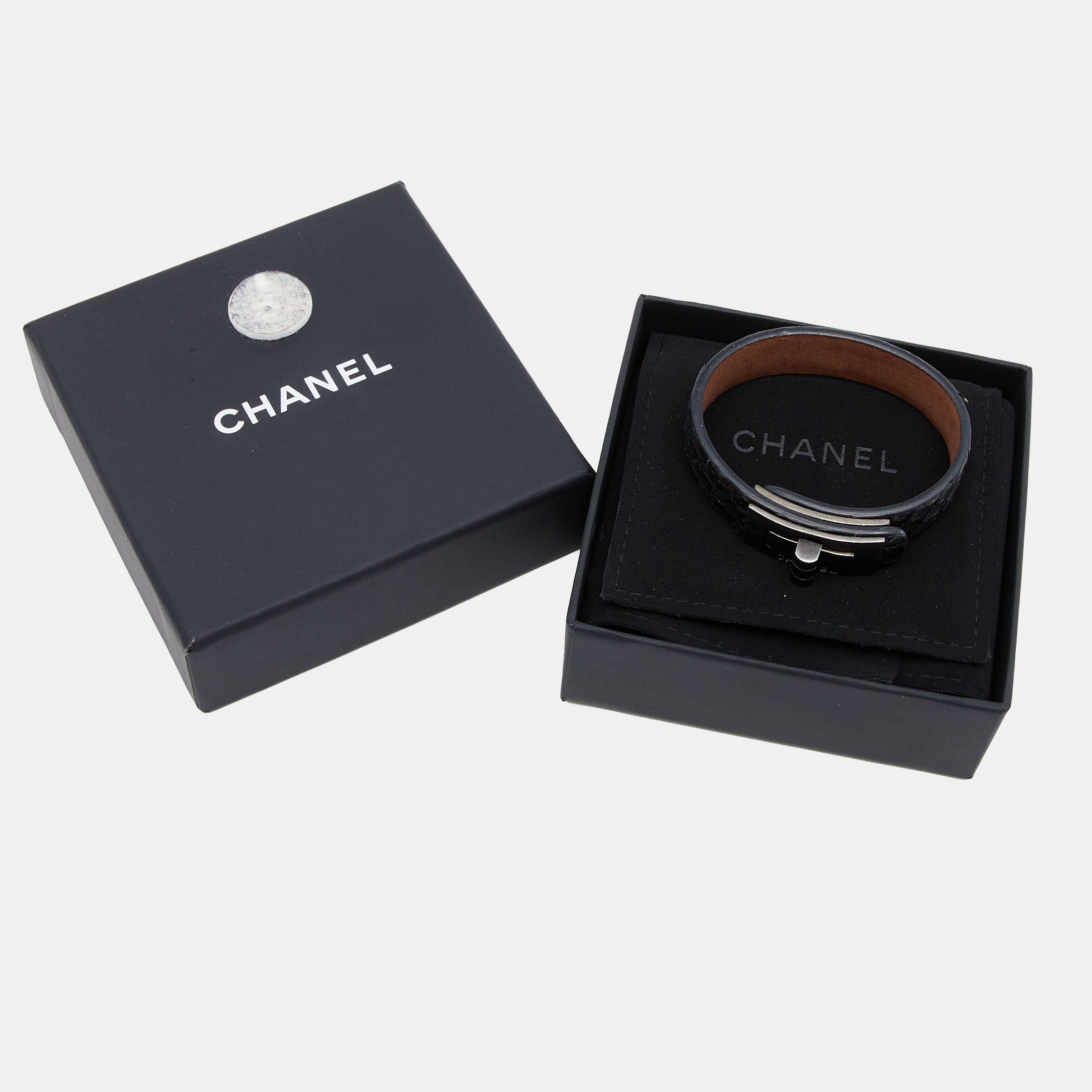 Chanel Grey Metallic Snakeskin Leather Bracelet