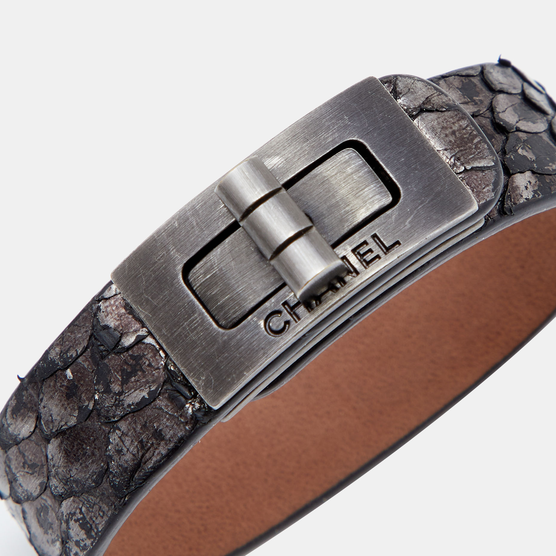 Chanel Grey Metallic Snakeskin Leather Bracelet