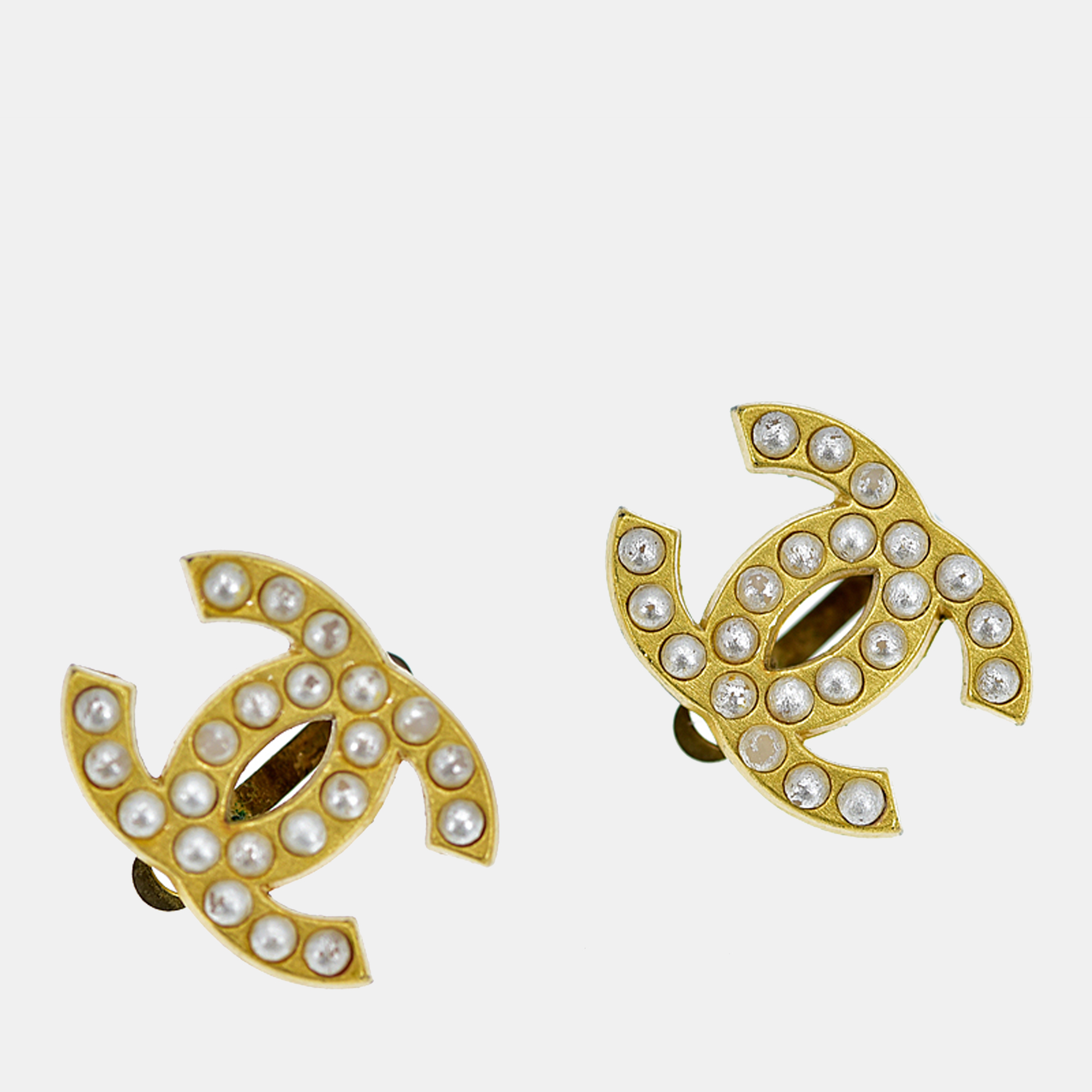 Chanel Faux Pearl And Yellow Gold Plated CC Stud Earrings