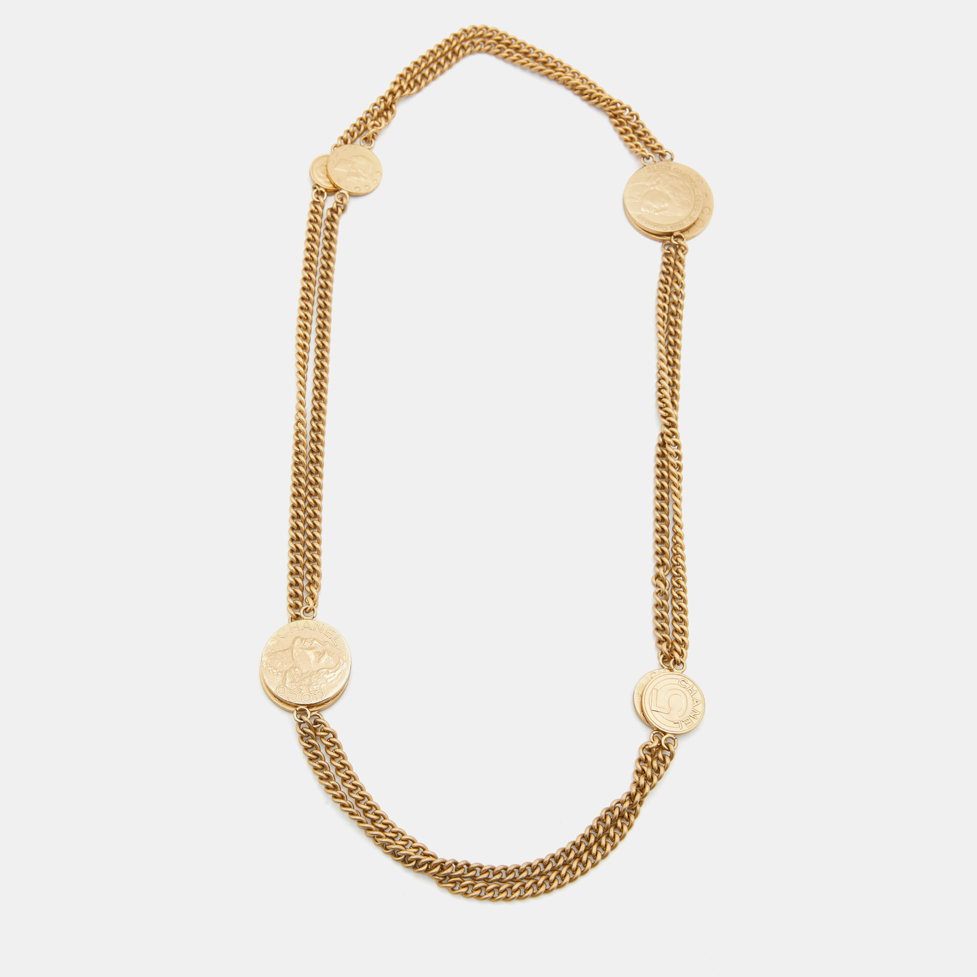 Chanel Gold Tone CC Coin Chain Long Necklace