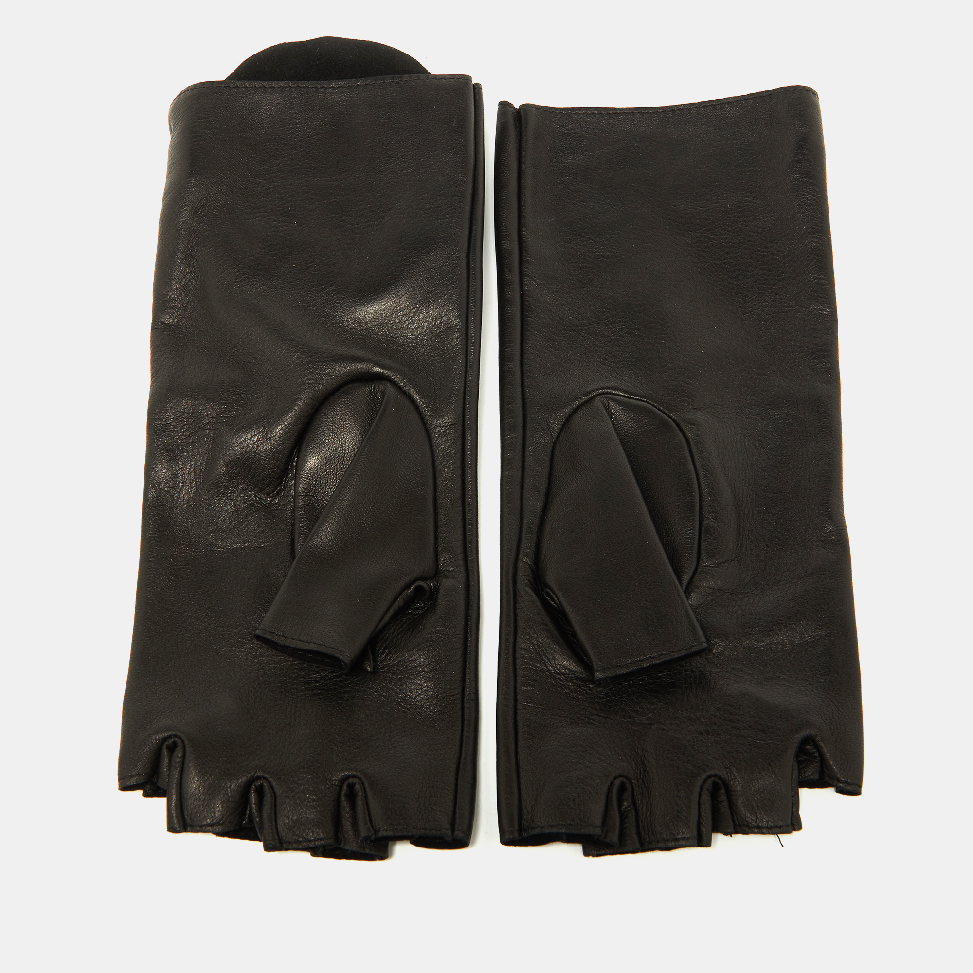 Chanel Black Leather Pouch Detail Fingerless Gloves Size 7.5