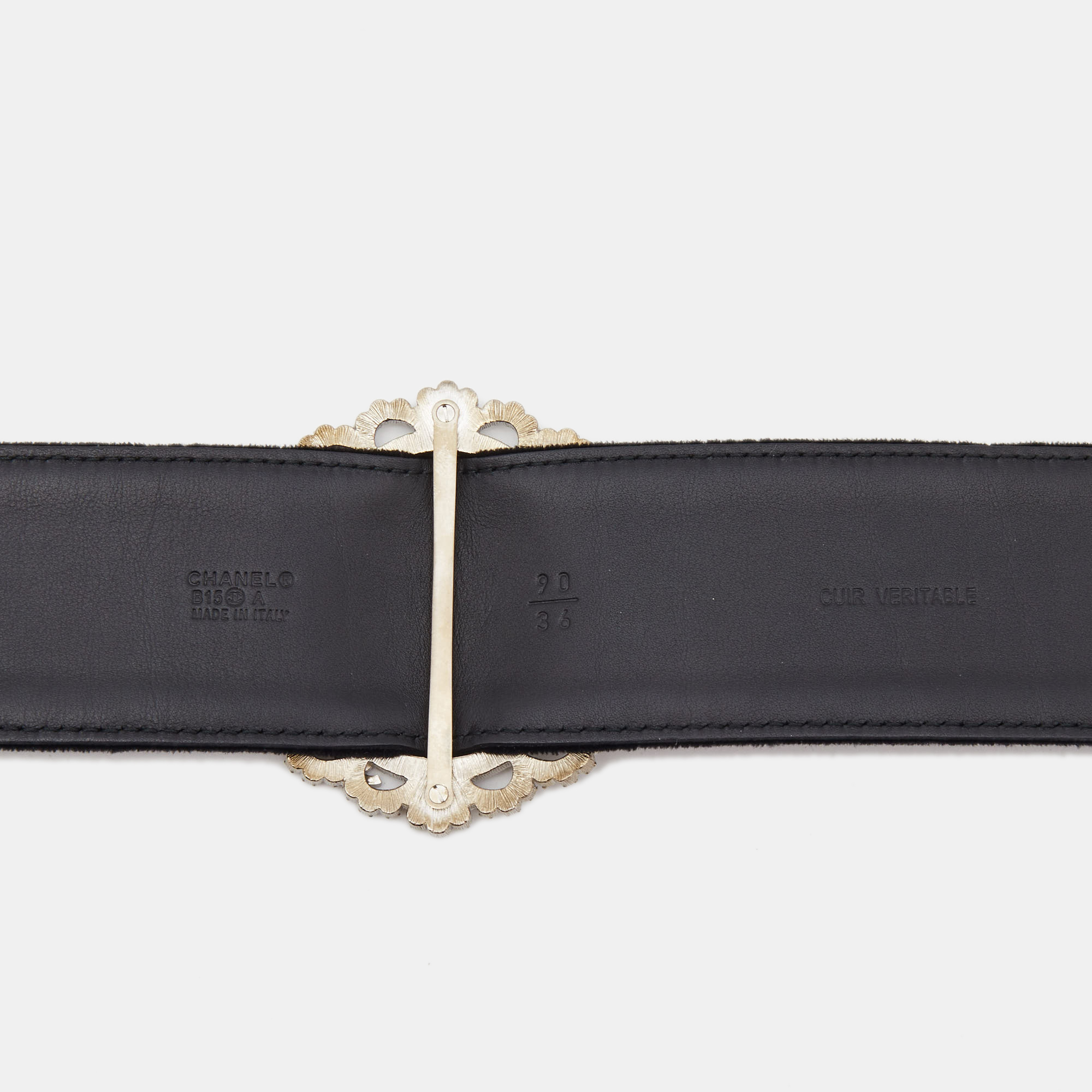 Chanel Black Velvet And Leather Crystals Round Buckle Waist Belt 90CM