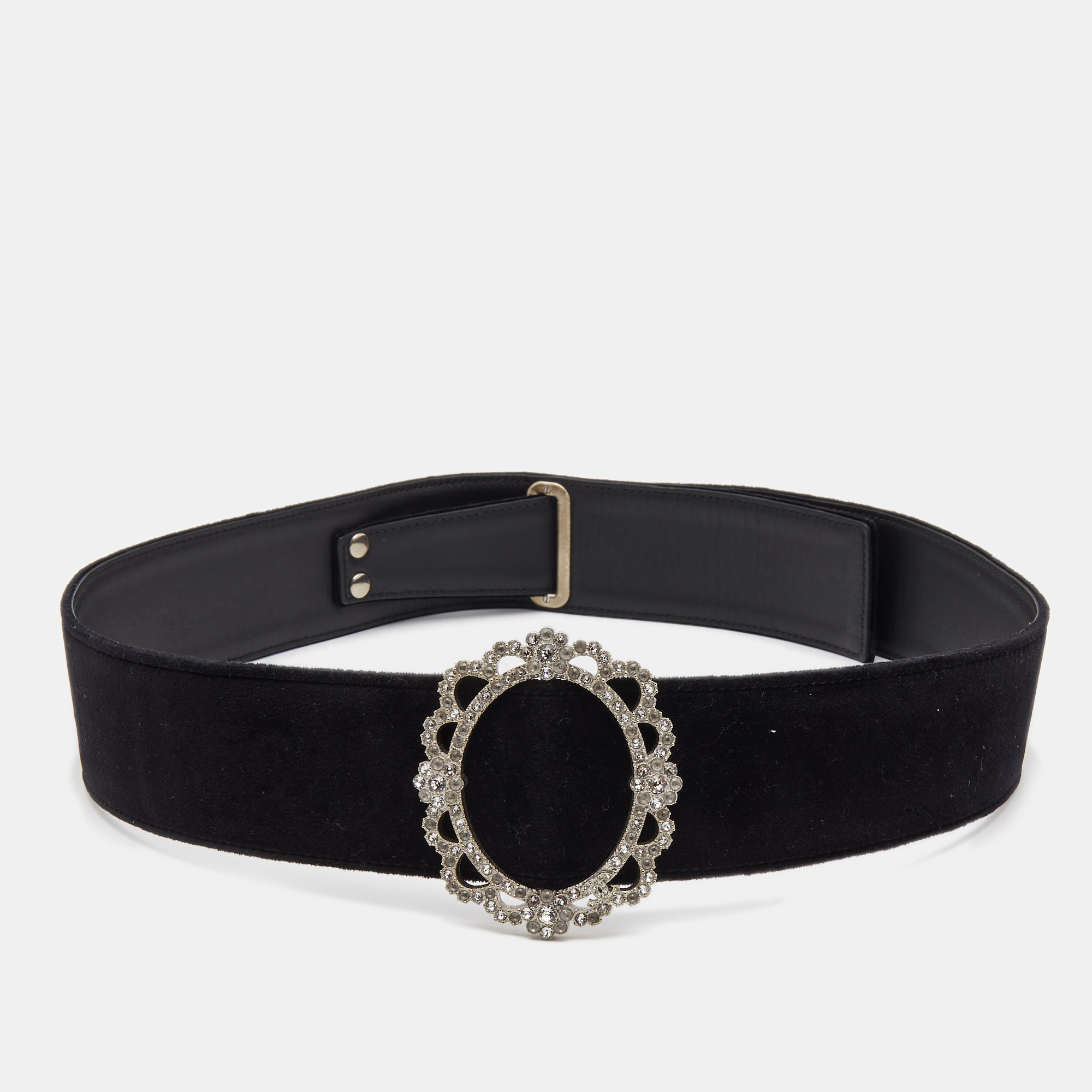 Chanel black velvet and leather crystals round buckle waist belt 90cm