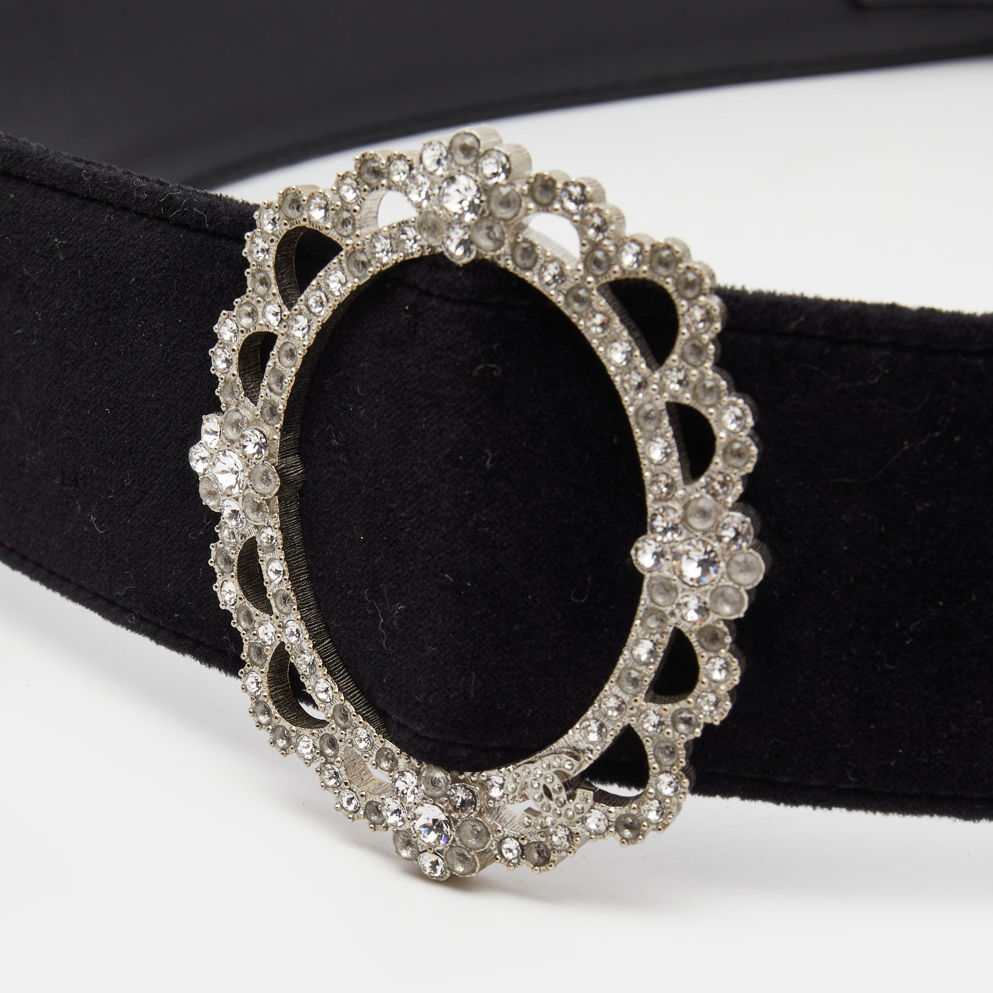 Chanel Black Velvet And Leather Crystals Round Buckle Waist Belt 90CM