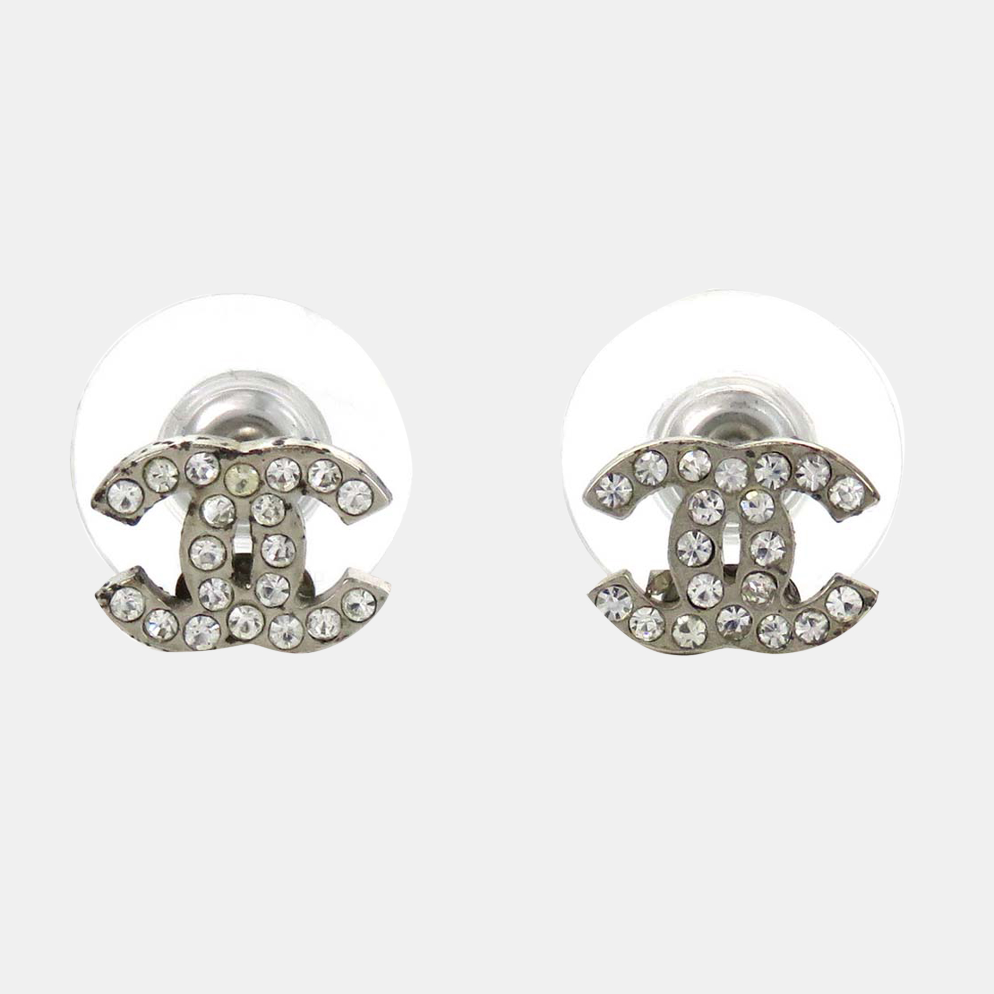 Chanel Silver Metal CC Rhinestone Earrings