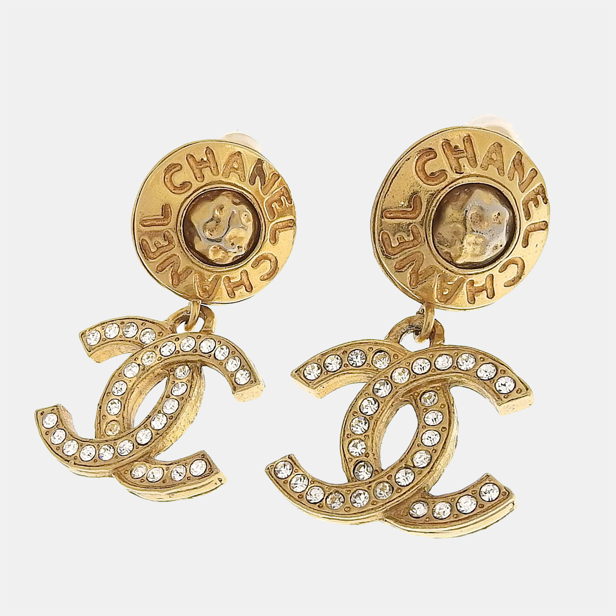 Chanel Gold Metal CC Rhinestone Swing Earrings