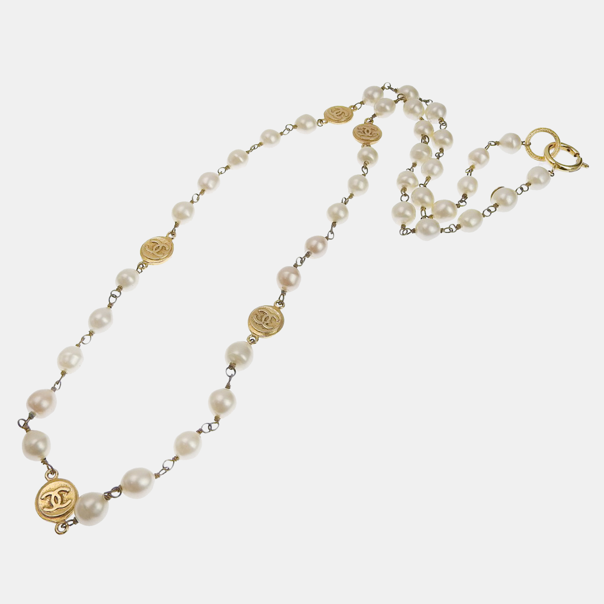 Chanel White Metal CC Faux Pearl Long Necklace