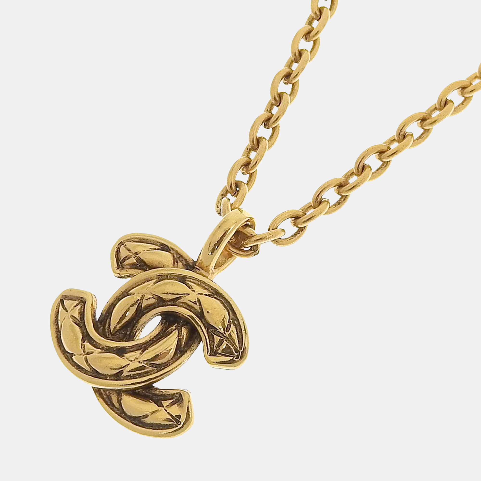 Chanel Gold Metal Quilted CC Logo Pendant Necklace
