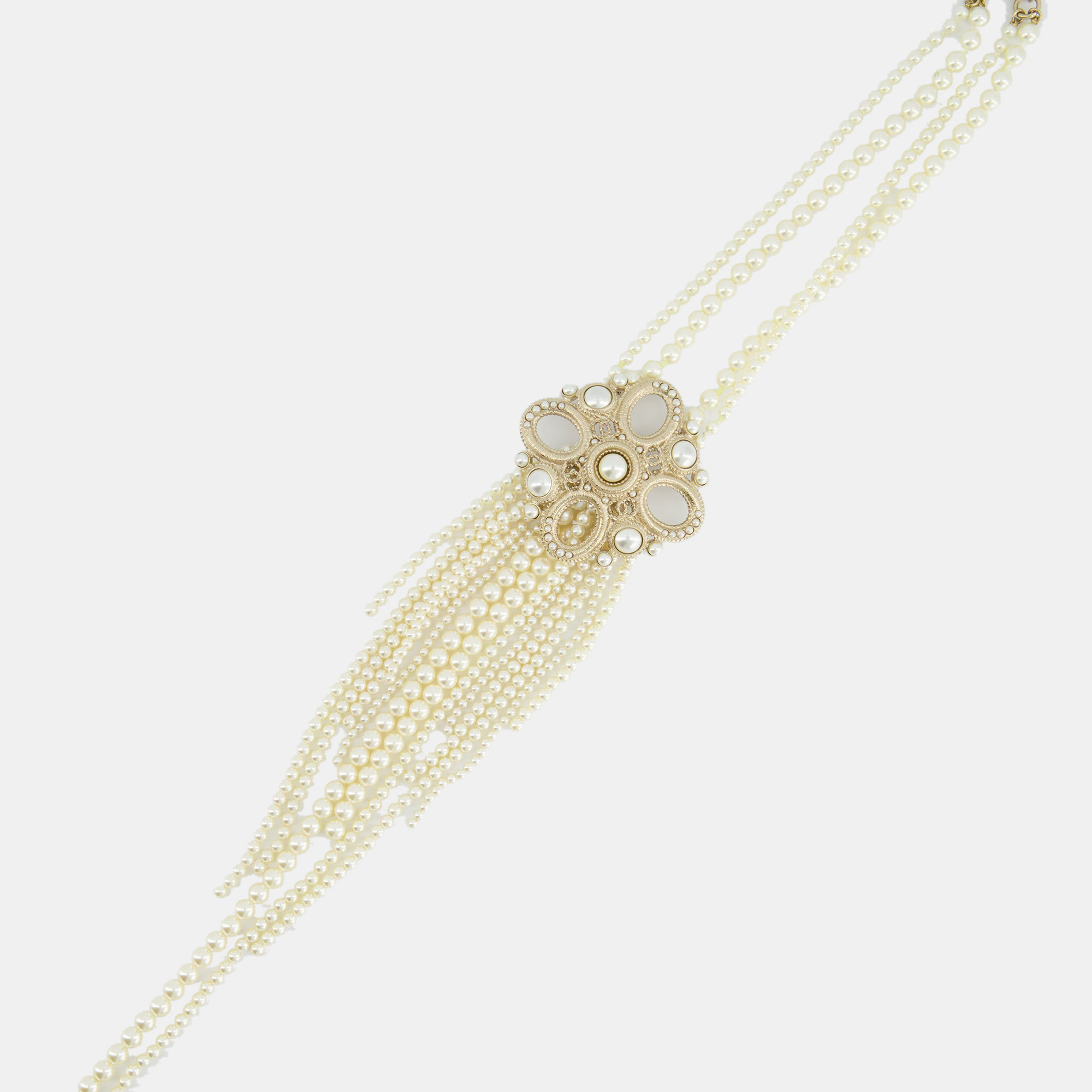 Chanel Choker Long Pearl Necklace With Antique Gold Pendant