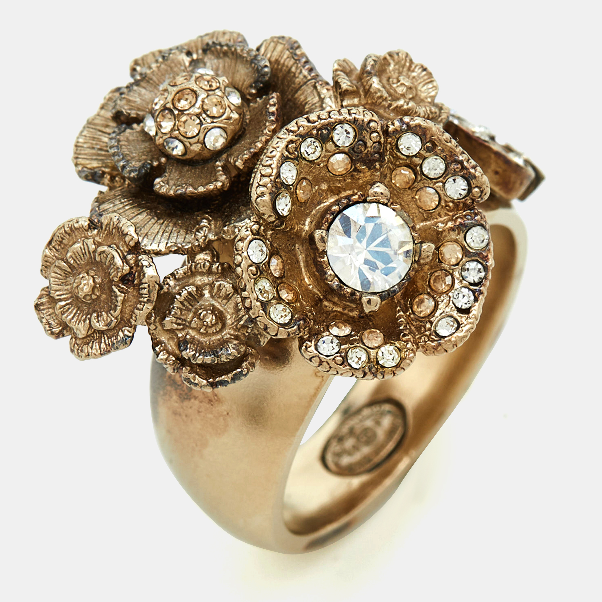 Chanel CC Crystal Camellia Cluster Gold Tone Ring  Size 52