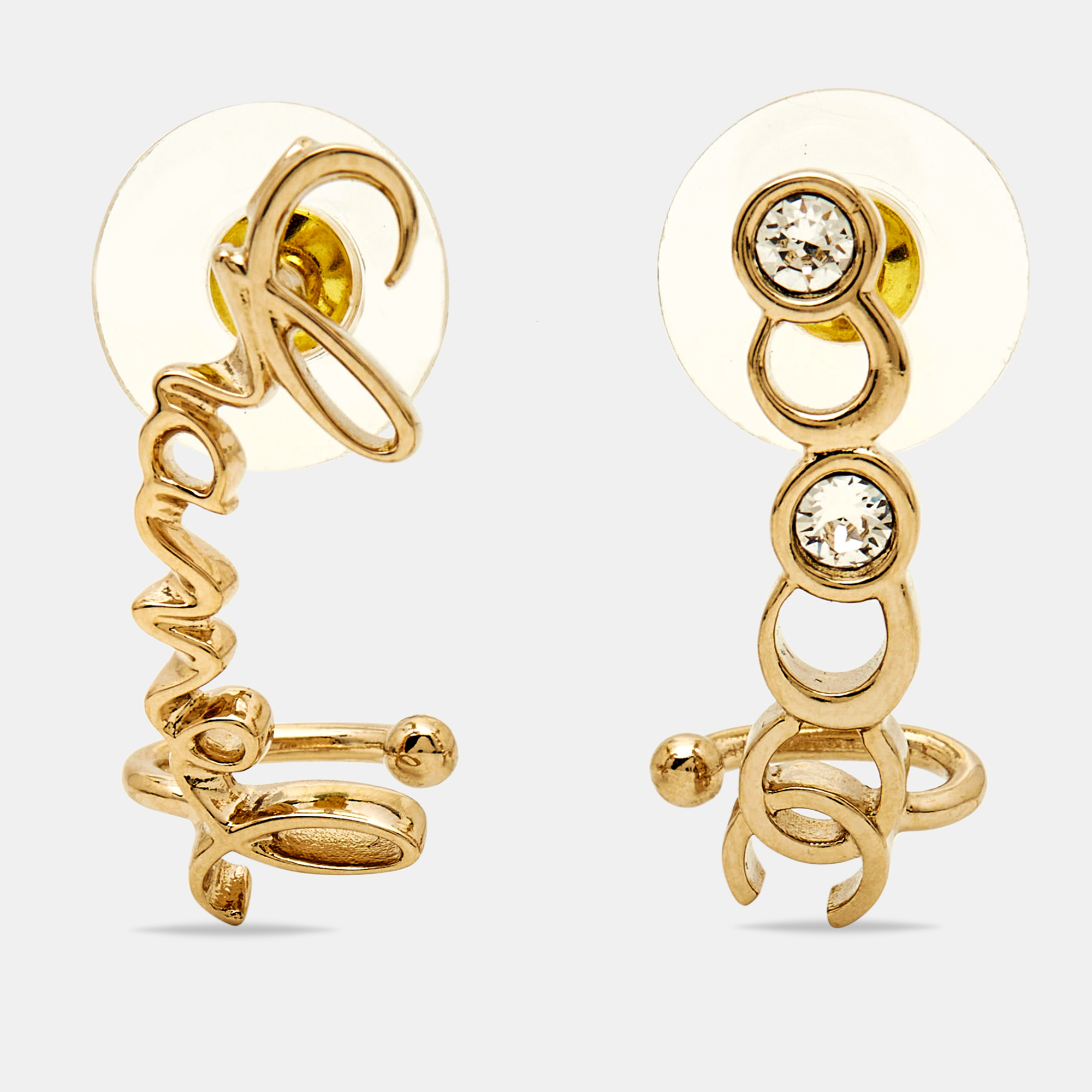 Chanel Coco Script Crystal Gold Tone Climber Earrings