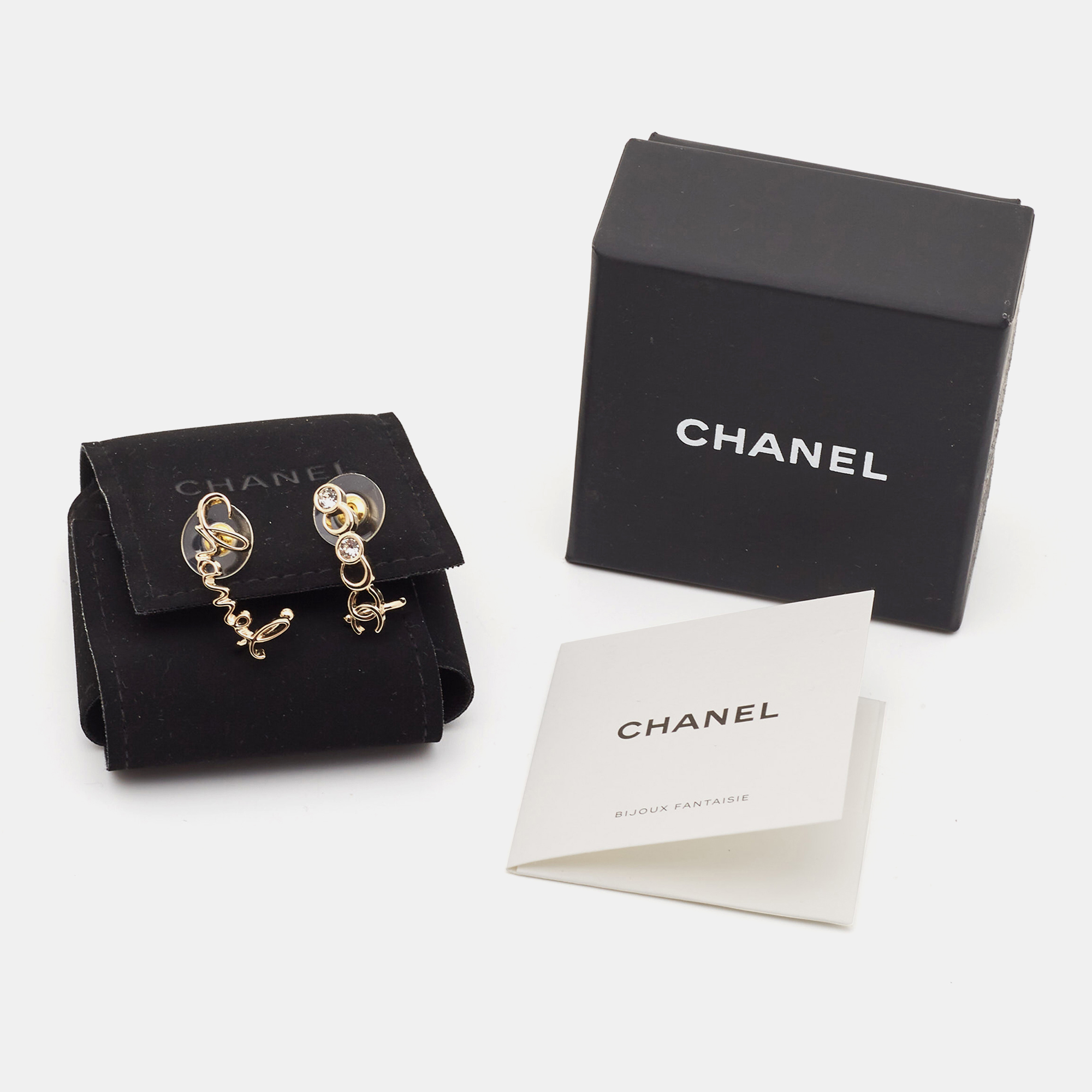 Chanel Coco Script Crystal Gold Tone Climber Earrings