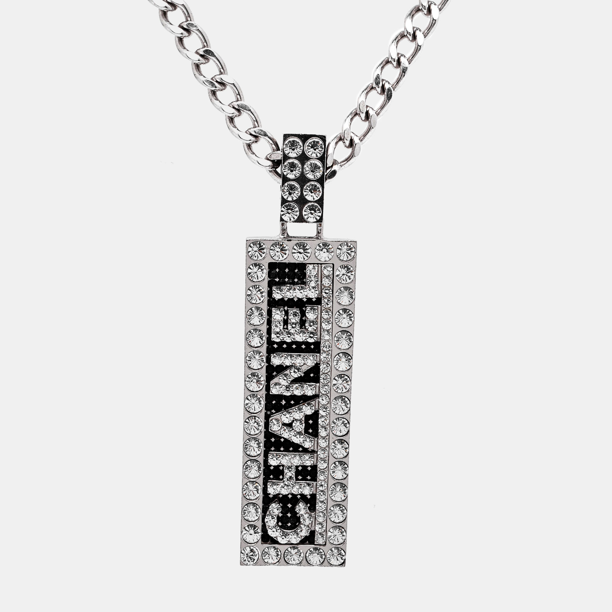 Chanel Logo Crystal Silver Tone Necklace