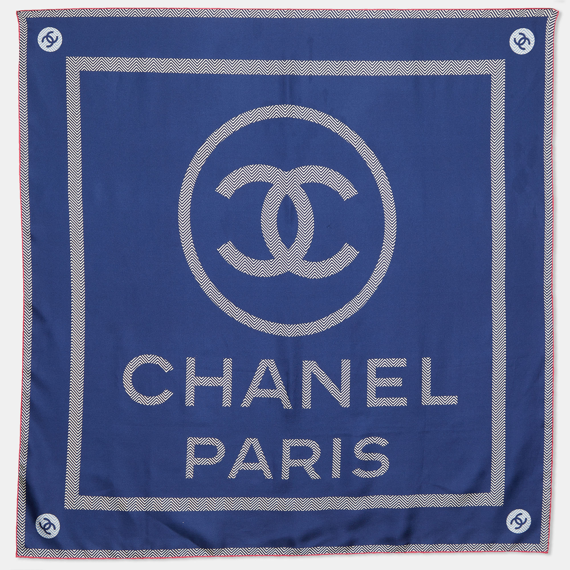 Chanel Navy Blue Zigzag Logo Print Silk Square Scarf