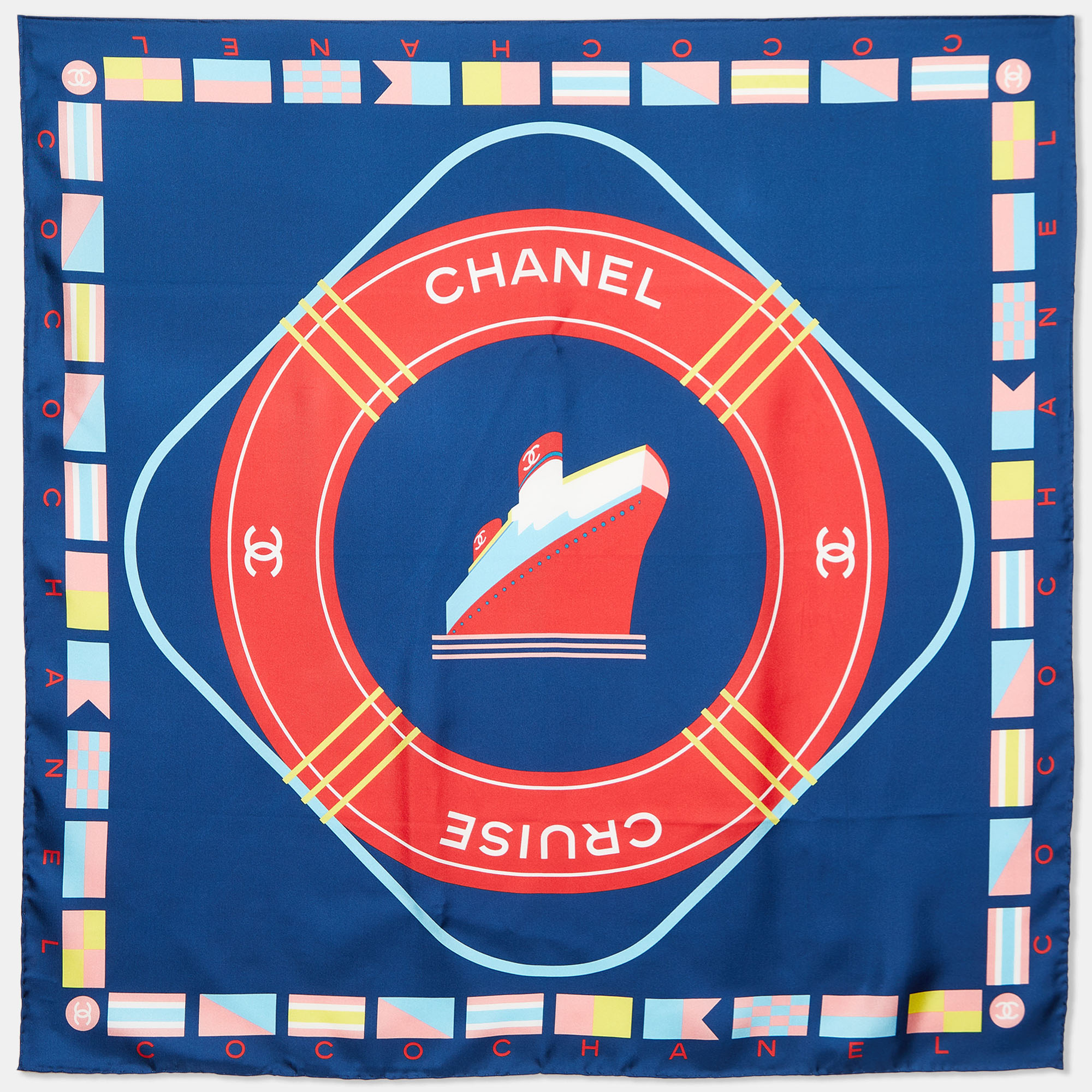 Chanel Navy Blue Cruise Flags Print Silk Square Scarf