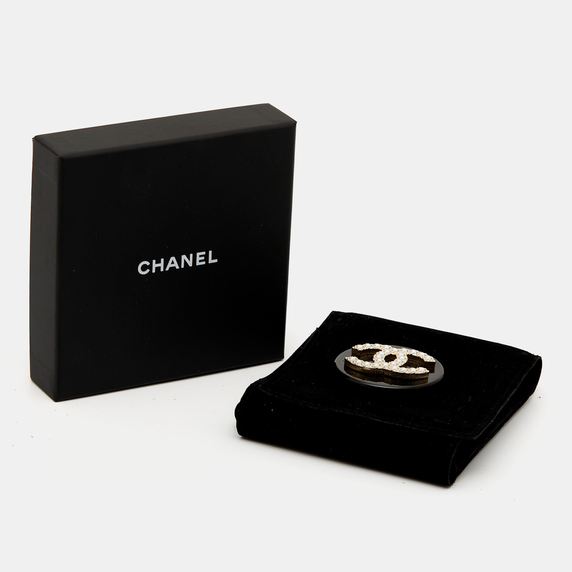 Chanel CC Resin Faux Pearl Gold Tone Brooch