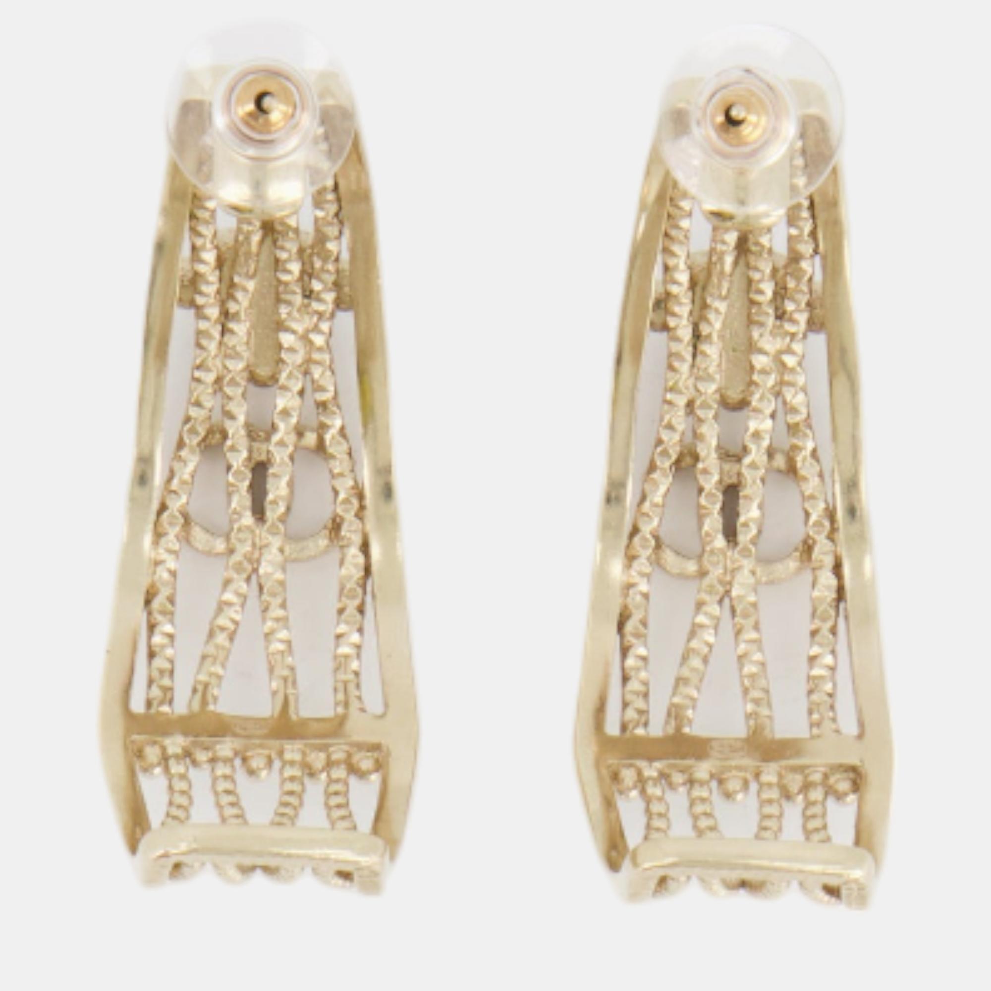 Chanel Champagne Gold Crystal CC Half Moon Earrings