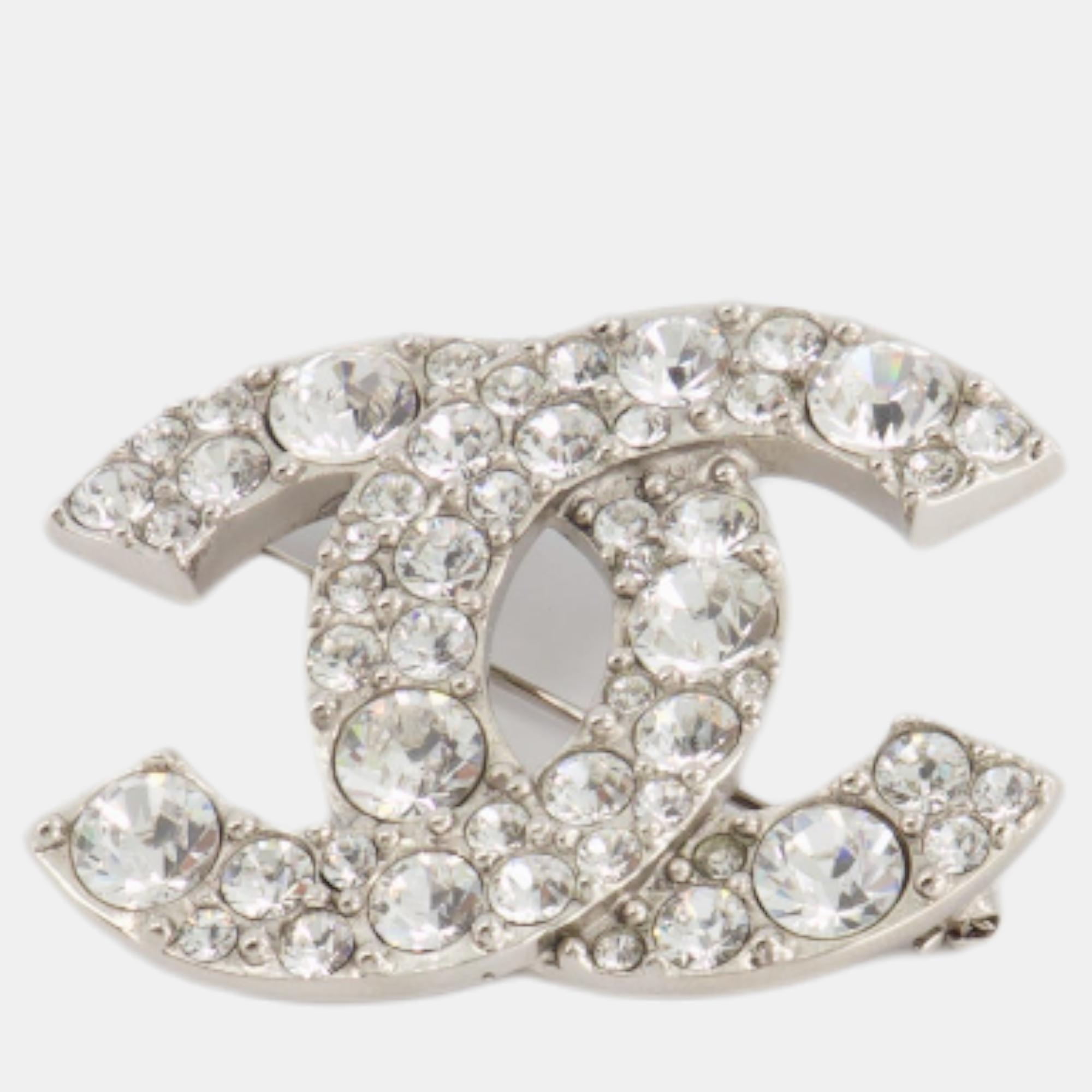 Chanel Silver Large CC Logo Crystal Brooch