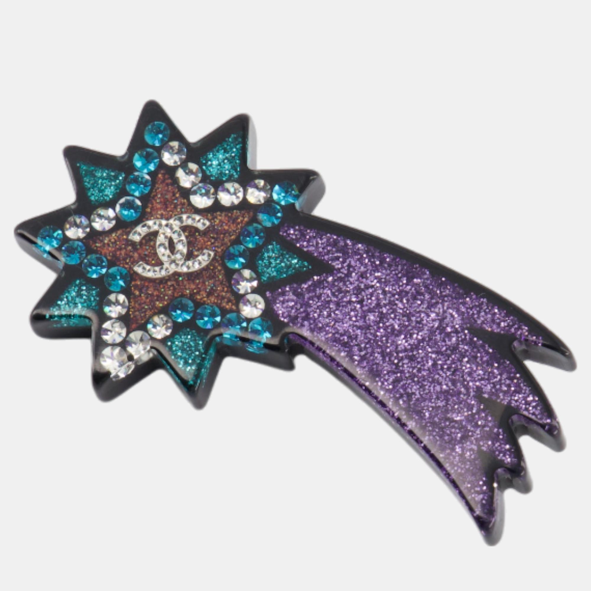 Chanel Purple Shooting Star Glitter Resin Brooch With CC Detail
