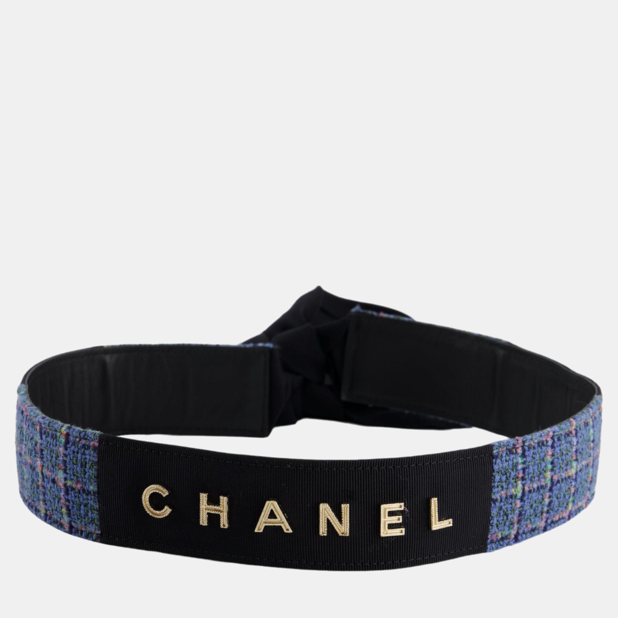 Chanel Black And Blue Tweed Adjustable Belt With Gold Logo
