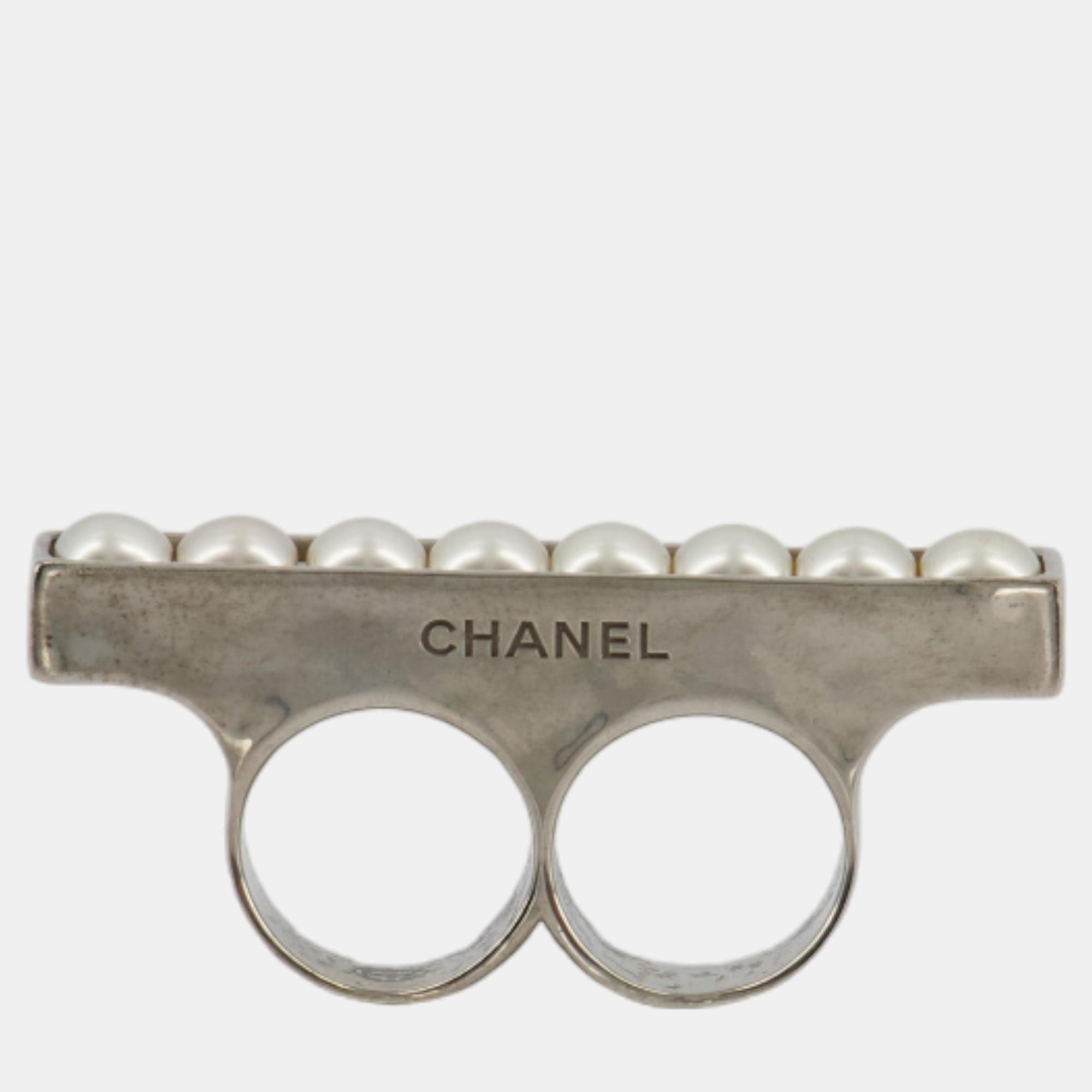 Chanel Double Pearl Ring With Silver Hardware