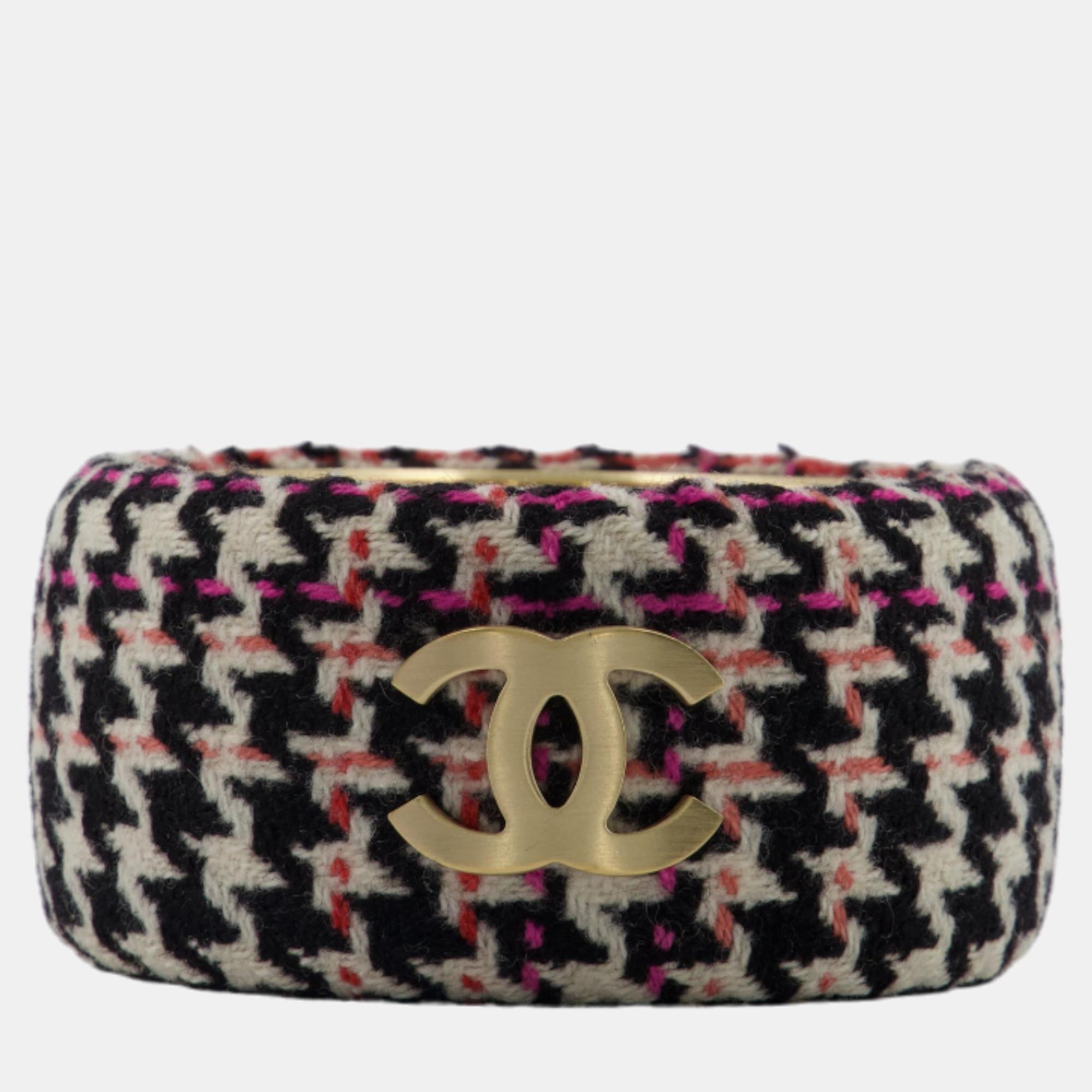 Chanel Tweed Bangle With Champagne Gold Hardware With CC Logos