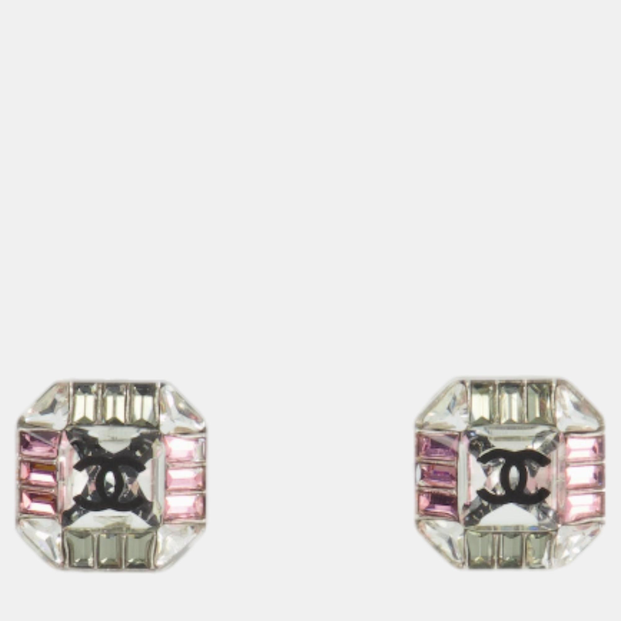 Chanel Pink And Clear Crystal Hexagon Earrings With CC Logo