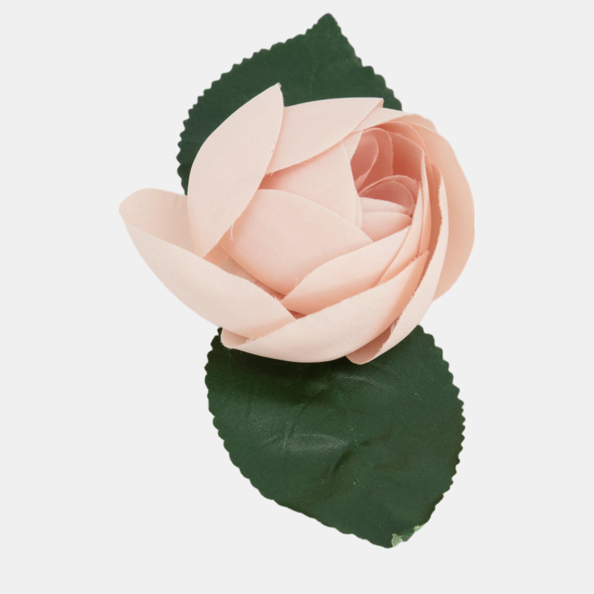 Chanel Pink Silk Rose Brooch With Leaf Details