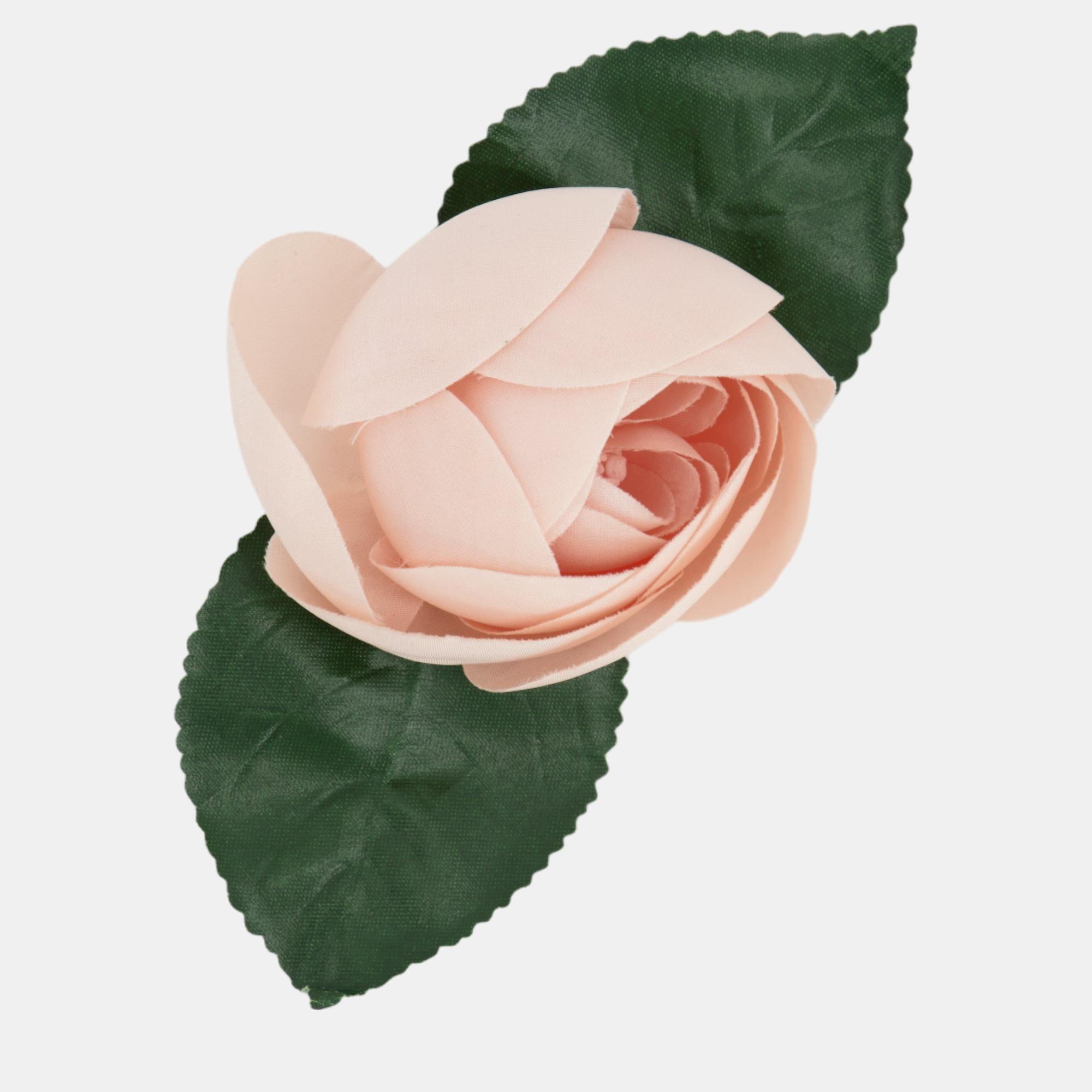 Chanel Pink Silk Rose Brooch With Leaf Details
