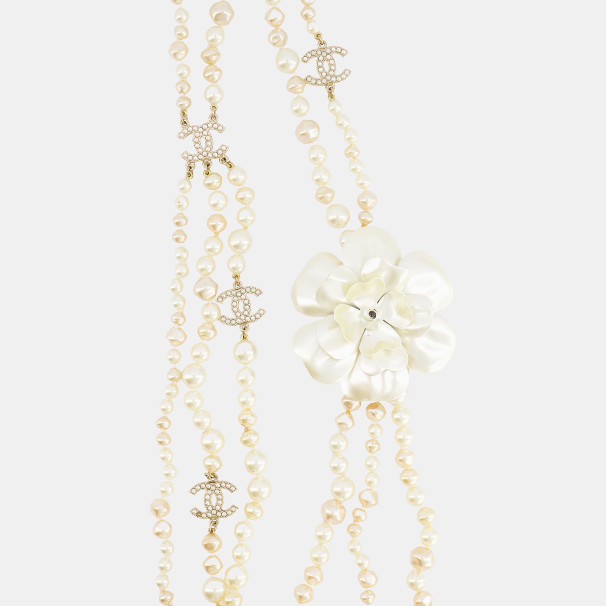 Chanel White Pearls With Gold CC Logo Details And Camelia Flower Necklace