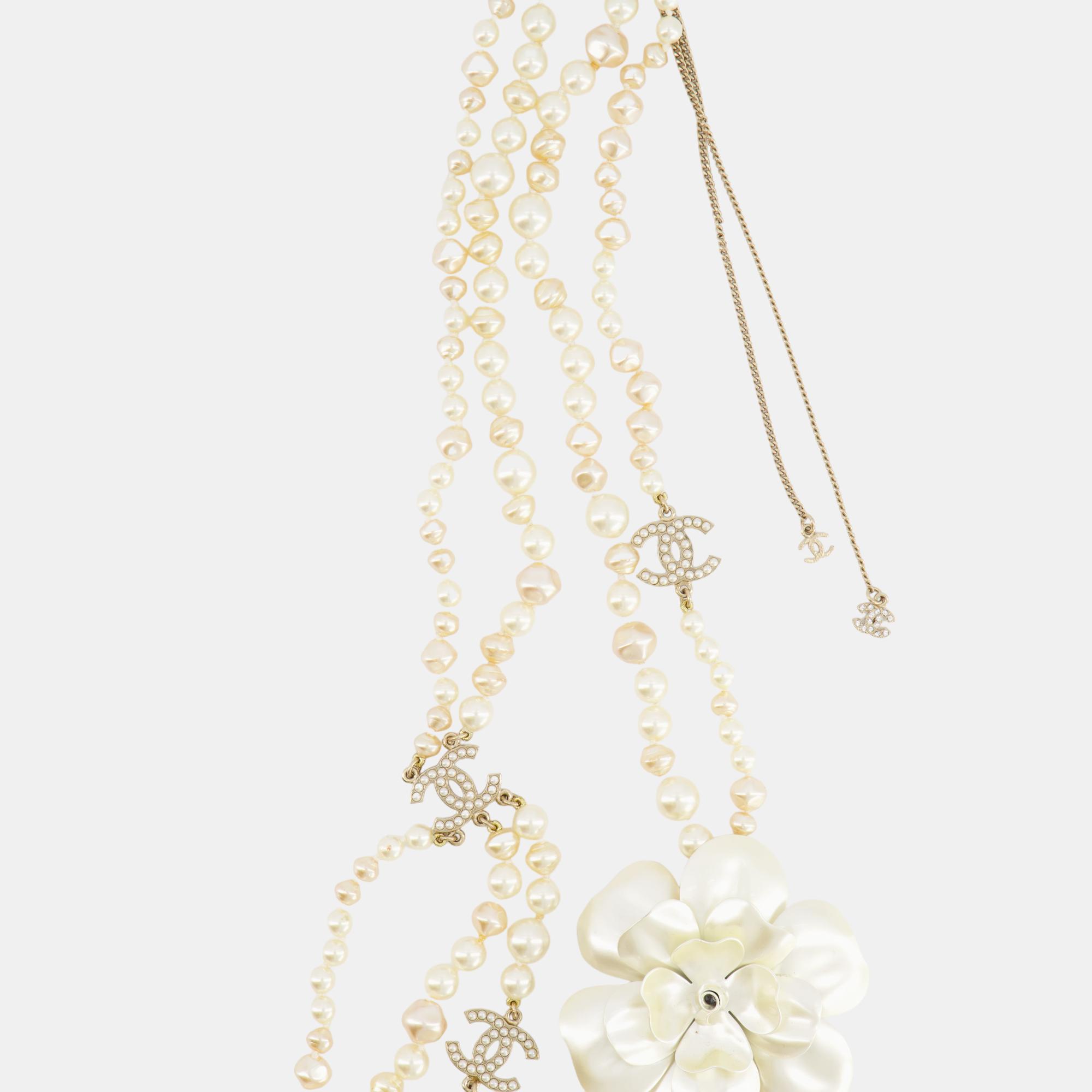 Chanel White Pearls With Gold CC Logo Details And Camelia Flower Necklace