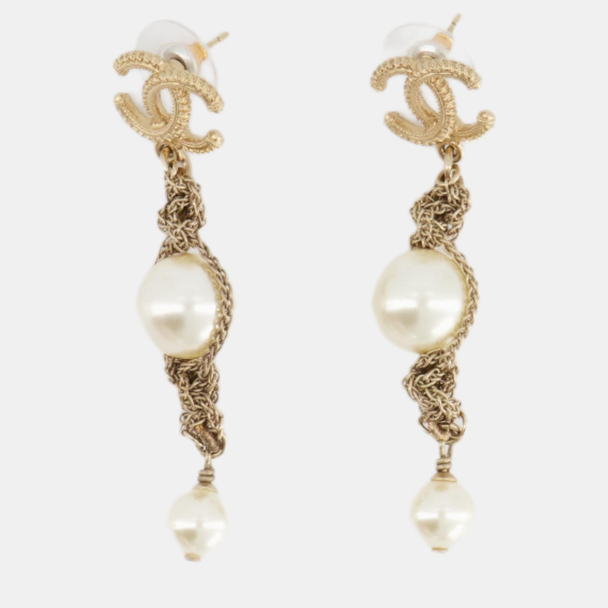 Chanel Brushed Gold Rope With Pearl CC Logo Long Earring