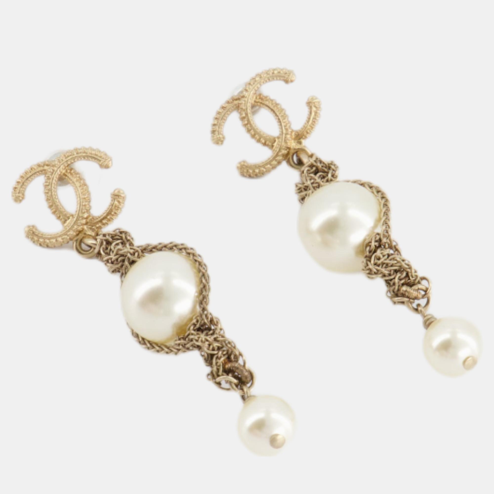 Chanel Brushed Gold Rope With Pearl CC Logo Long Earring