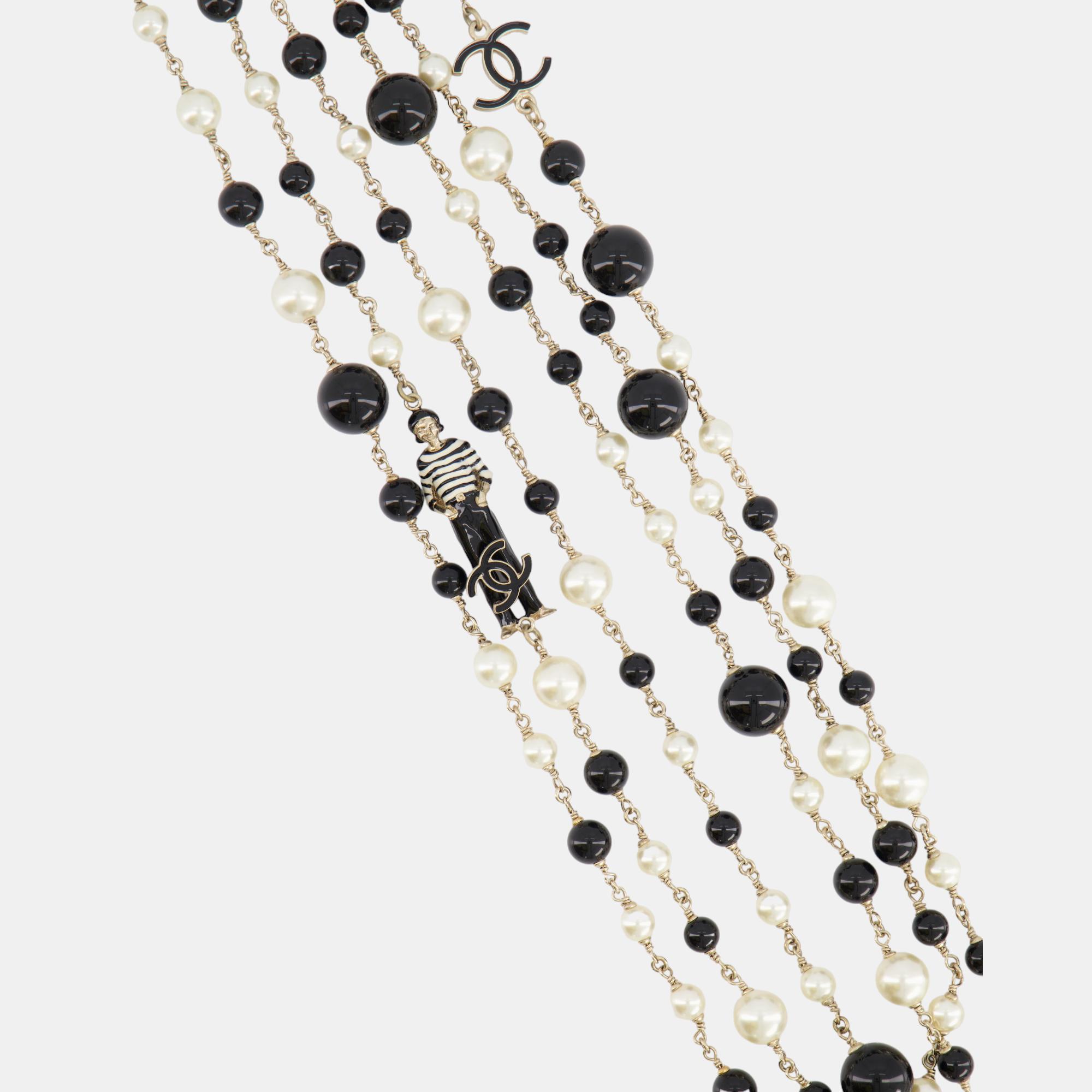 Chanel Black And White Pearl Glass Necklace With Gold Chain And CC Logo Details