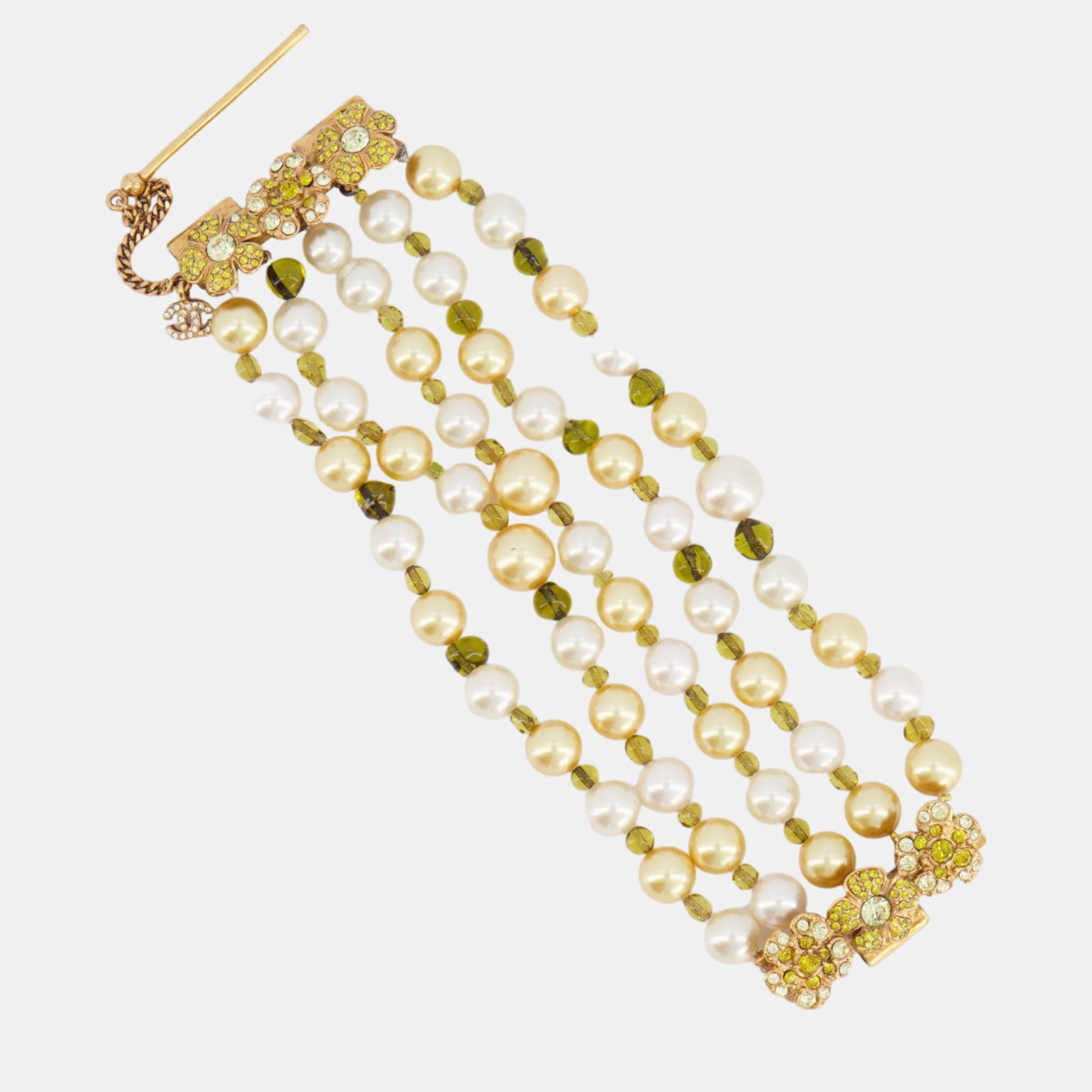 Chanel White, Yellow And Green Pearls Bracelet With Flower Crystal Embellishment
