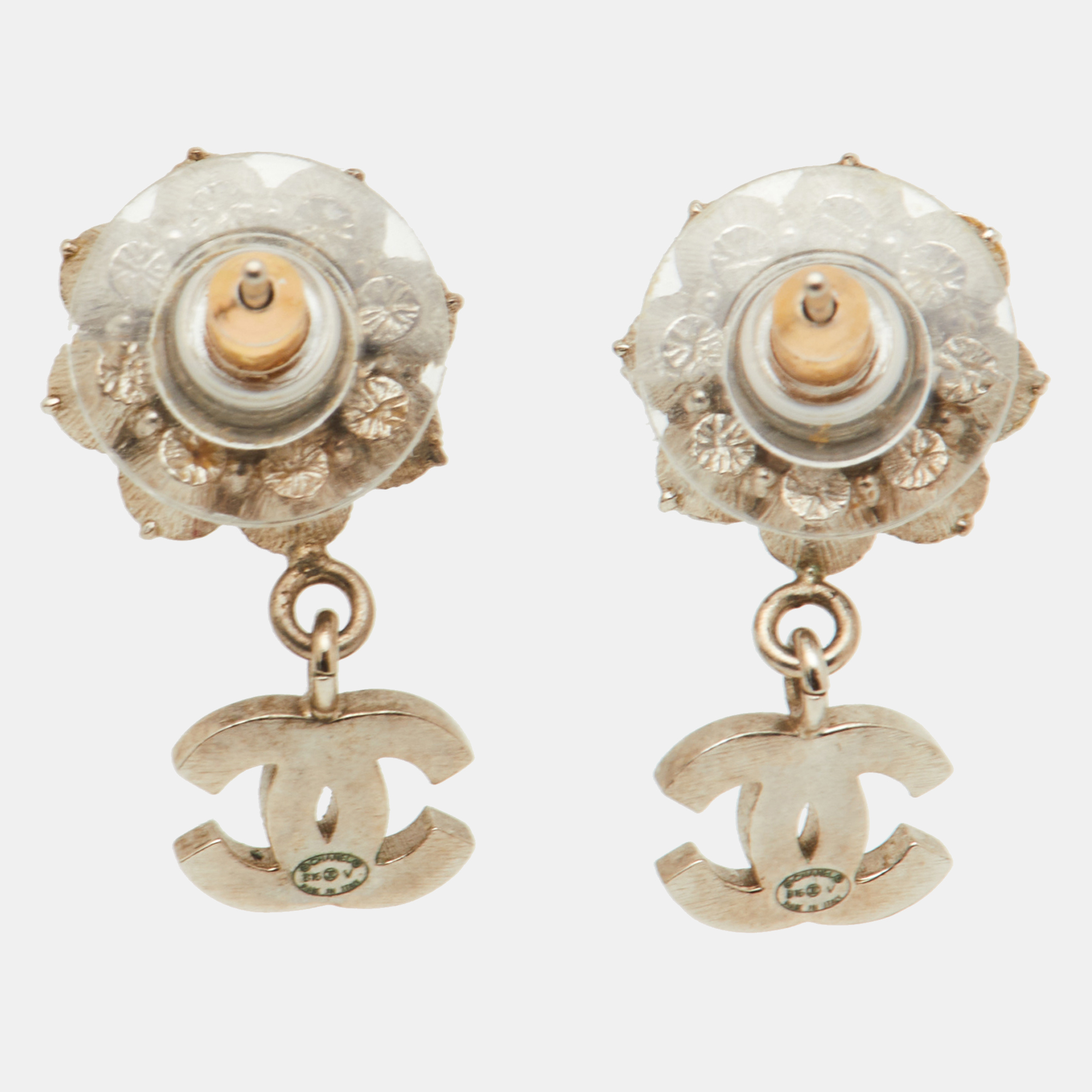 Chanel CC Crystal Gold Tone Camellia Drop Earrings