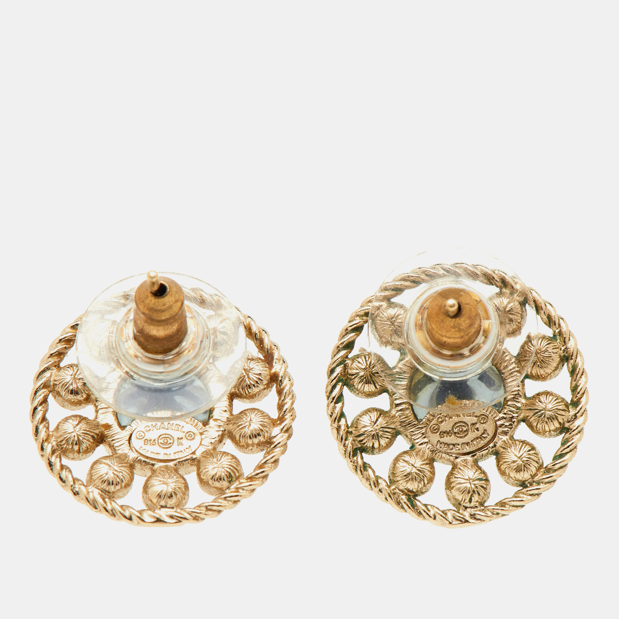 Chanel CC Crystal Gold Tone Round Stud Earrings