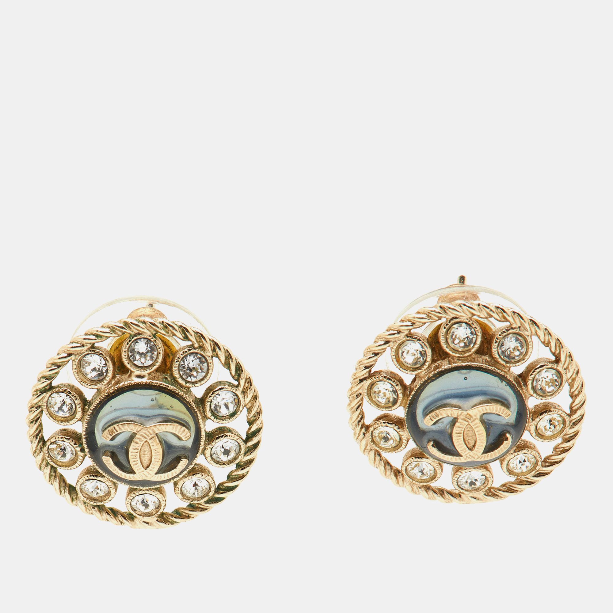 Chanel CC Crystal Gold Tone Round Stud Earrings