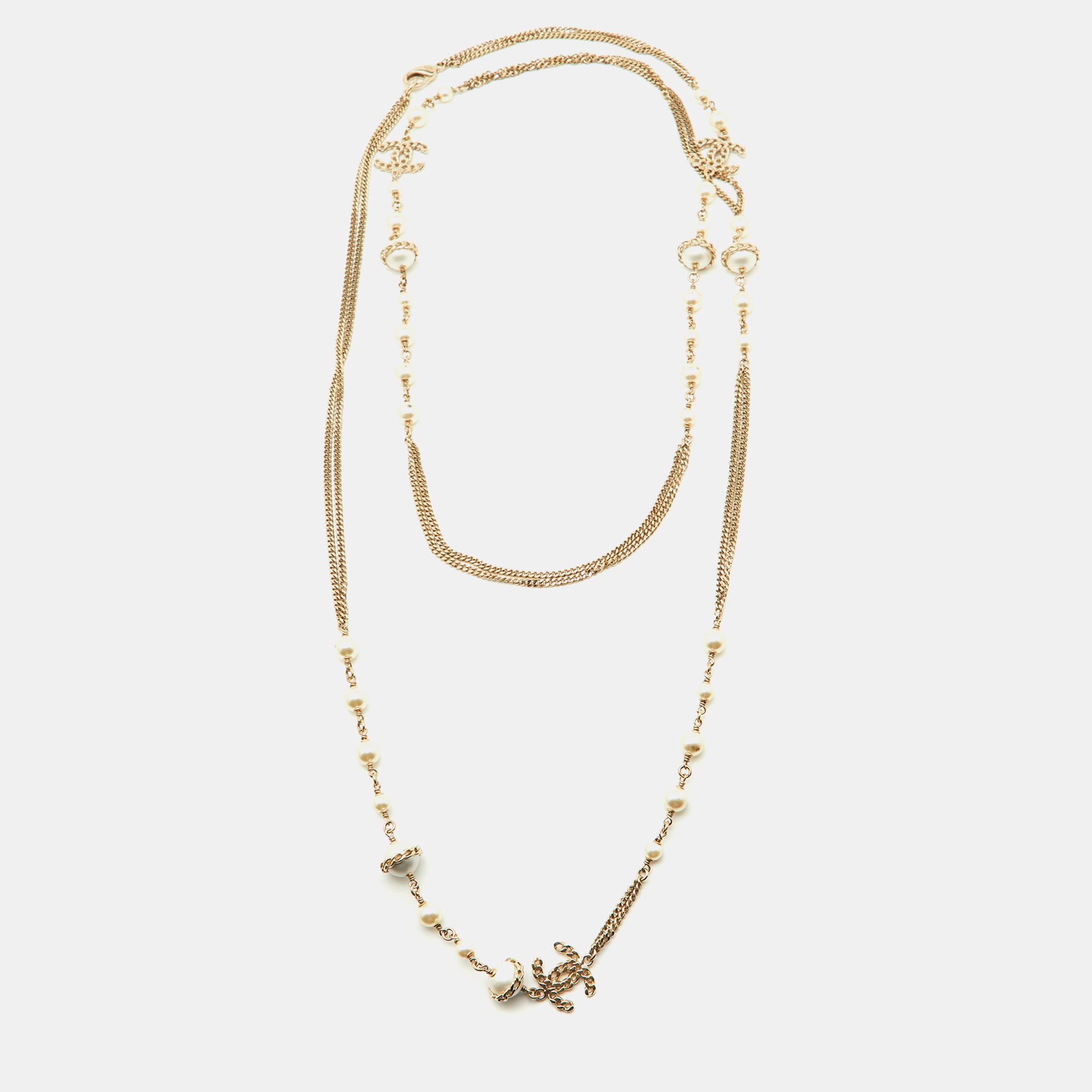 Chanel CC Faux Pearl Gold Tone Chain Link Long Station Necklace