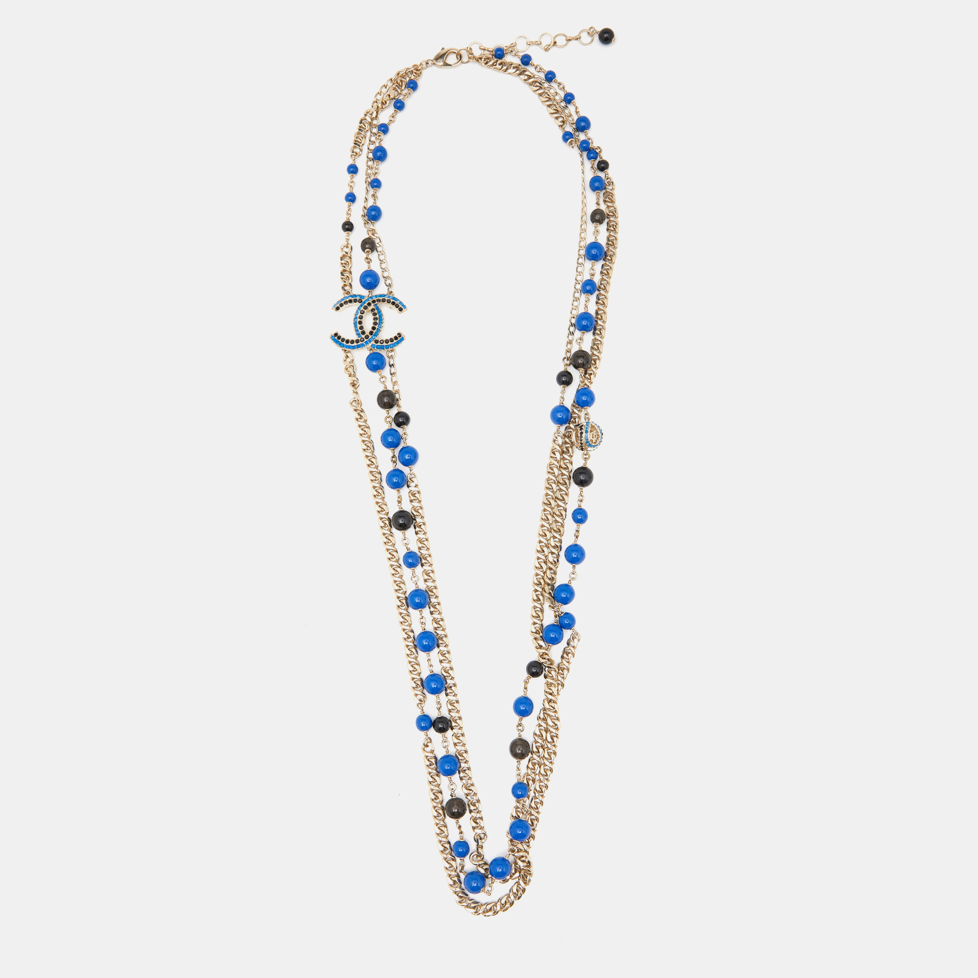 

Chanel Gold Tone Blue Beaded Crystal CC Multi Layered Long Necklace