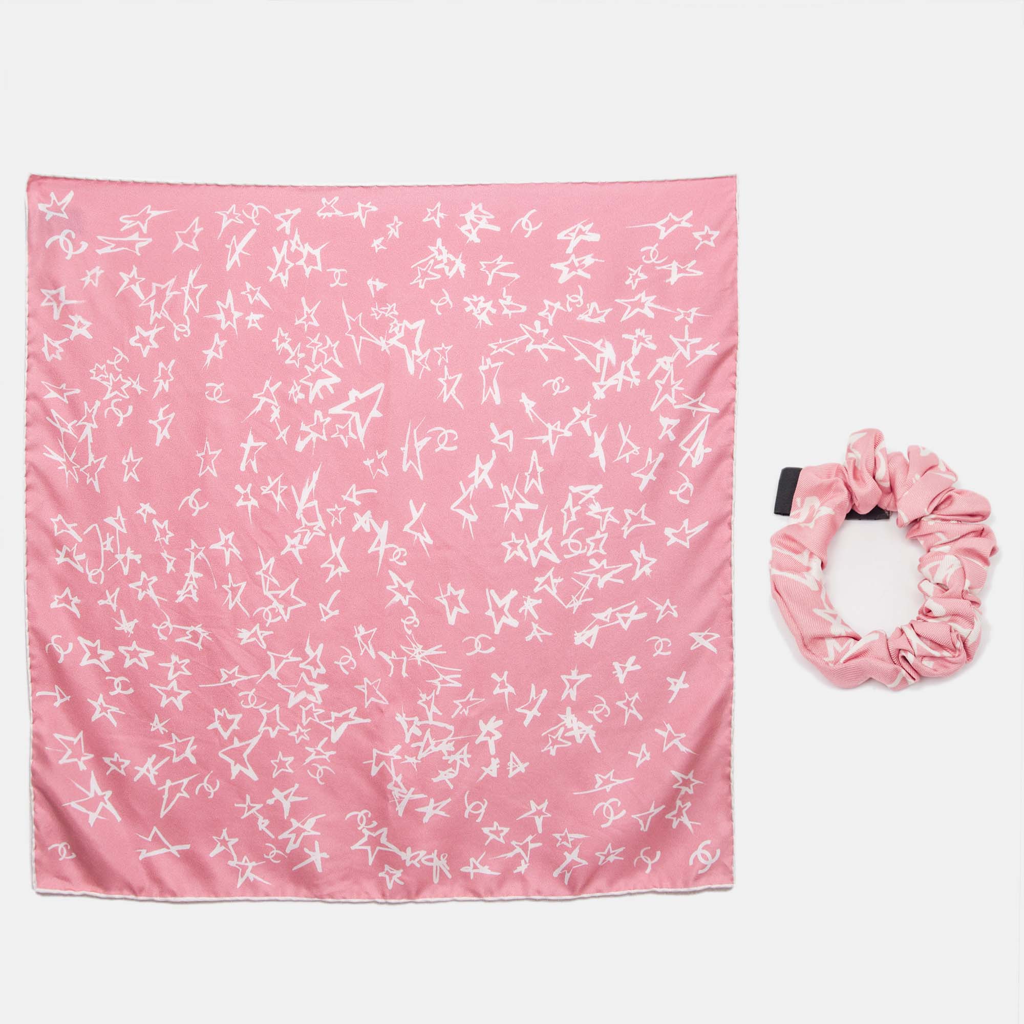 Chanel pink stars print silk scarf with hair band