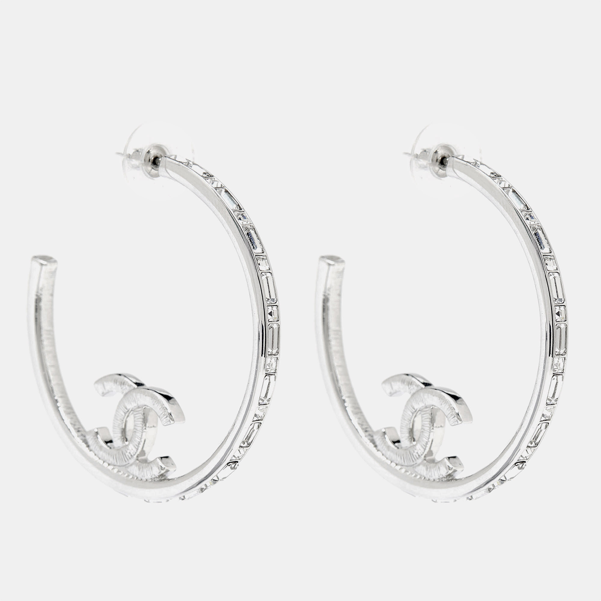 Chanel  cc crystals silver tone hoop earrings