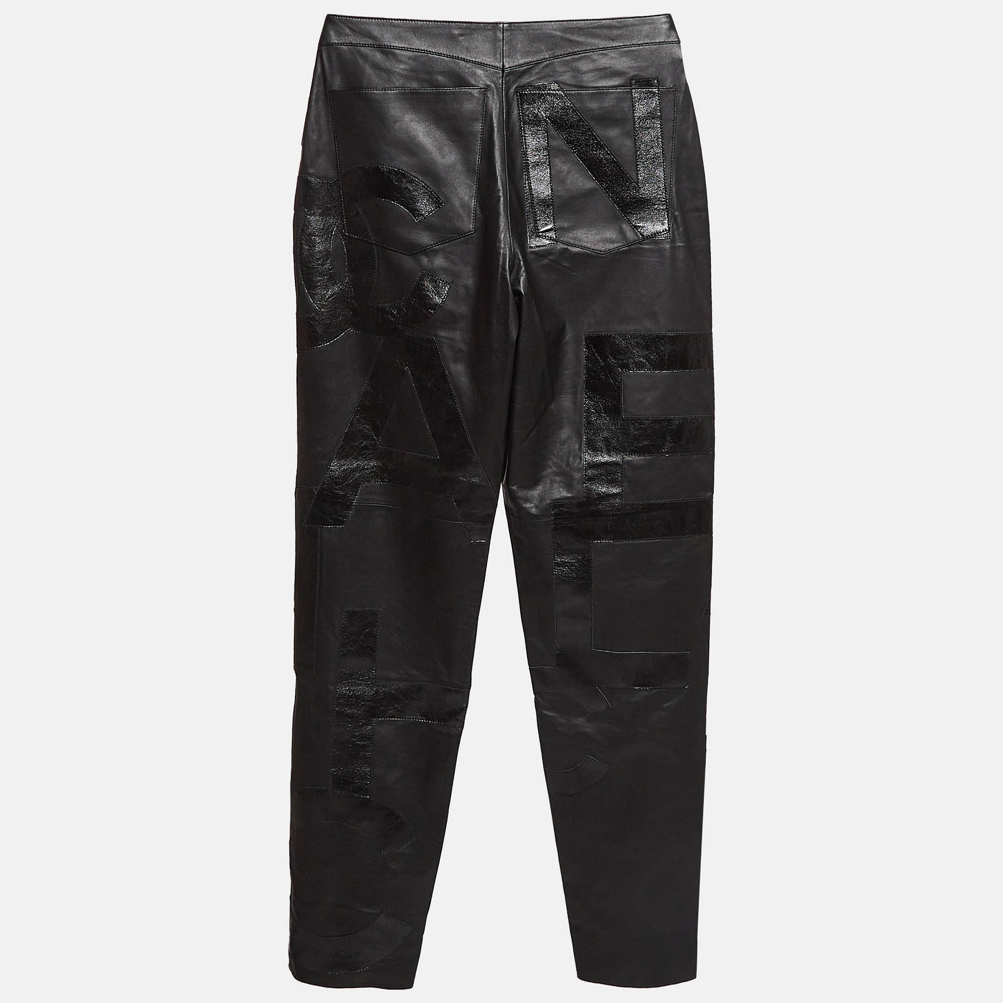 Chanel Black Leather Logo Patch Detail Pants S