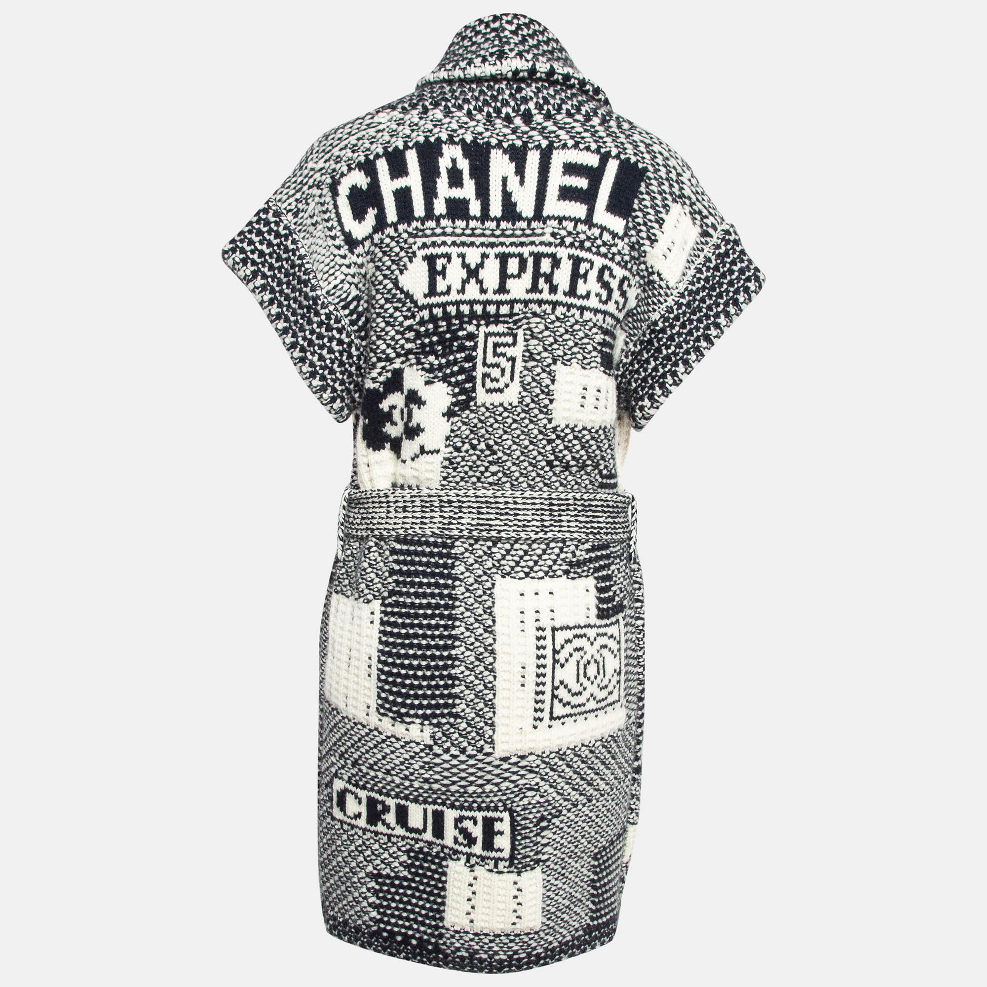 Chanel Black/White Intarsia Knit Cashmere Belted Cardigan S