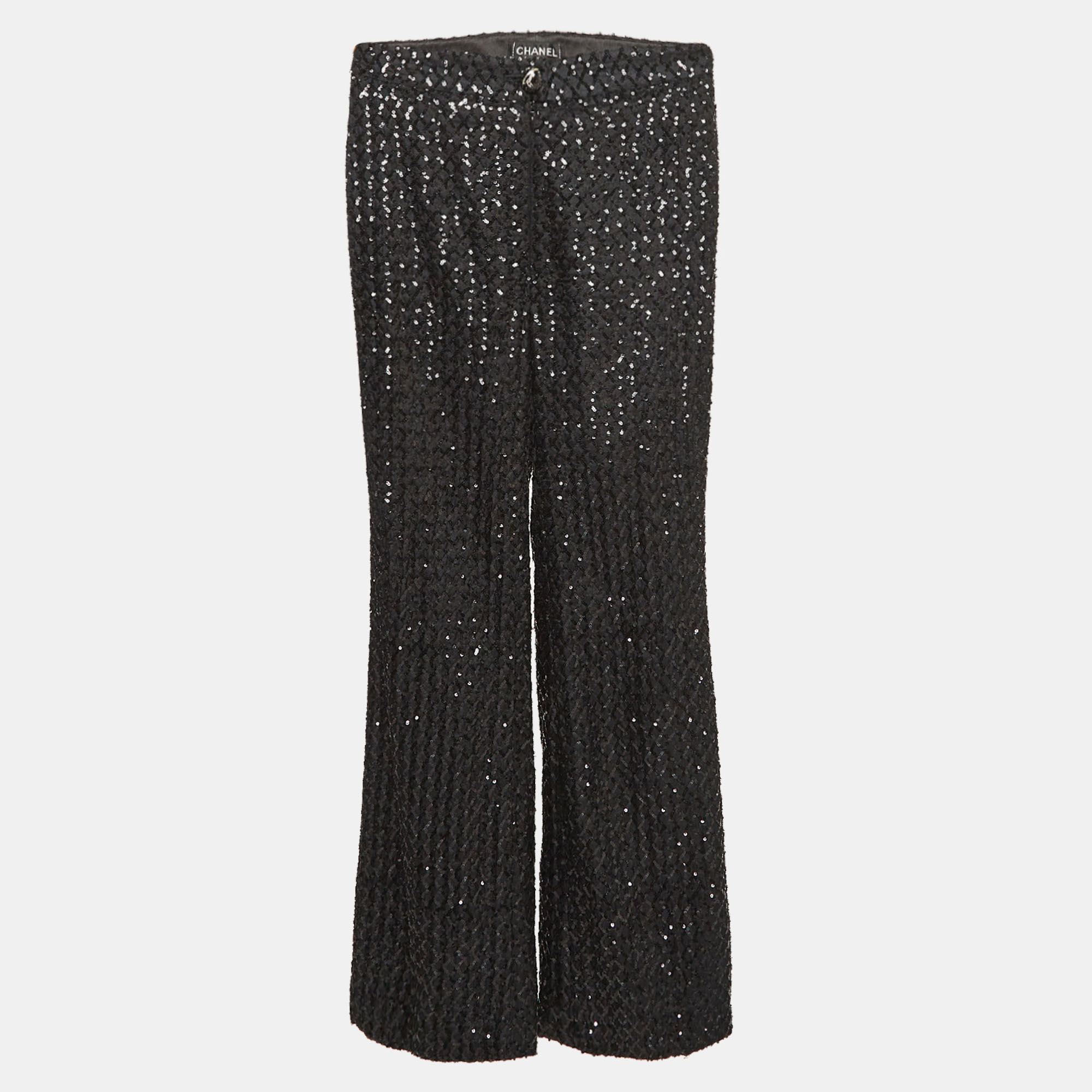 Chanel Black Sequin Silk Wide Leg Pants S