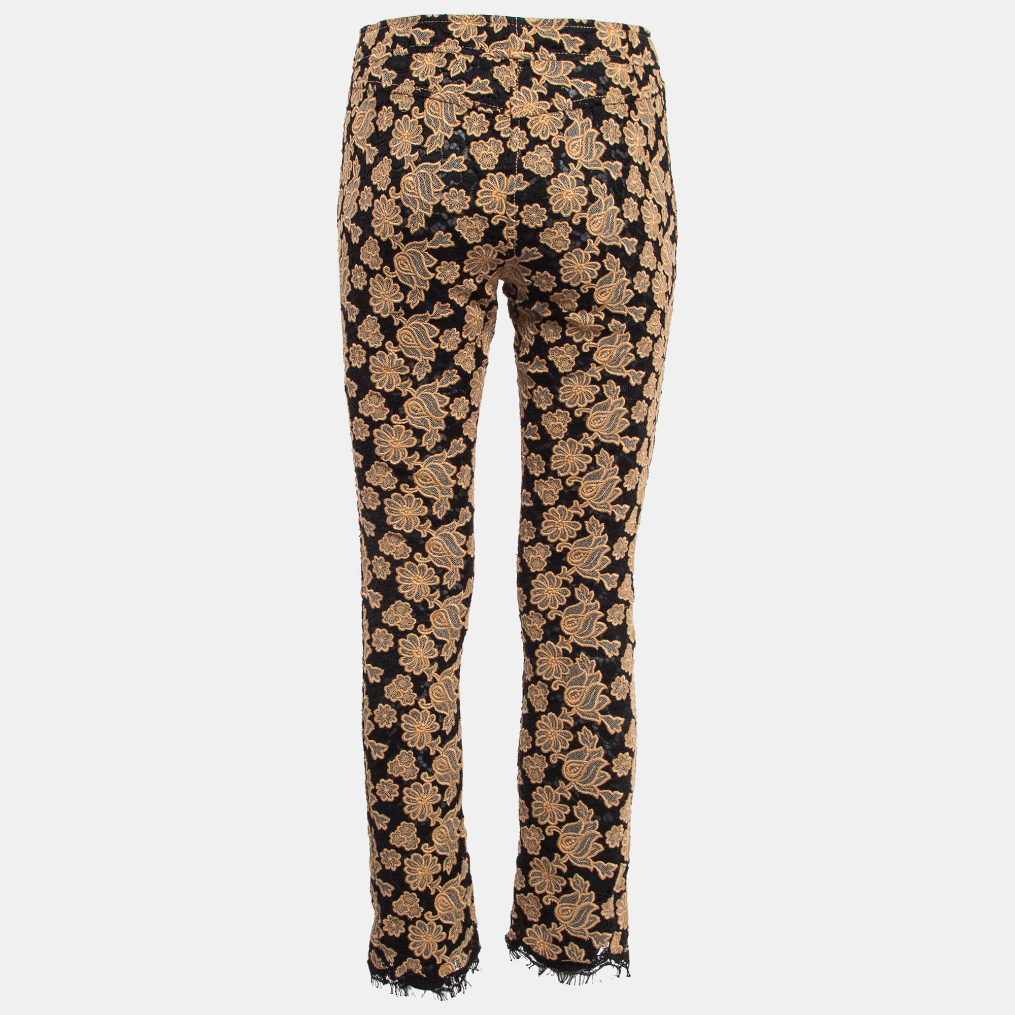 Chanel Brown/Black Floral Lace Skinny Pants S