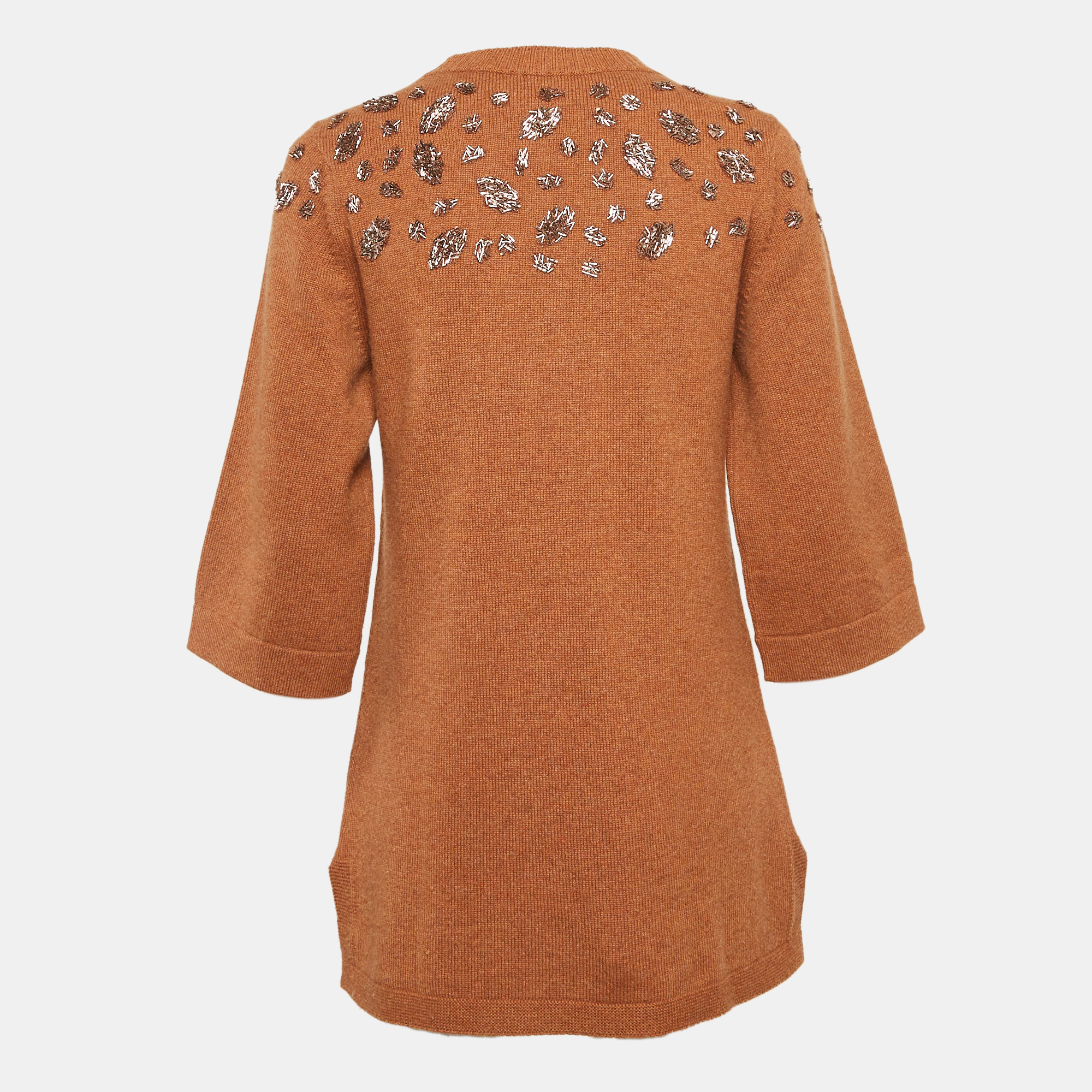 Chanel Brown Embellished Cashmere Knit Tunic Sweater M